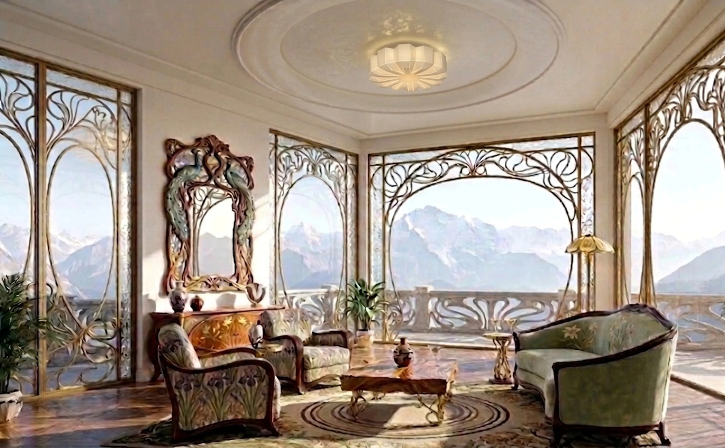 bright antique ceiling light in room with large windows