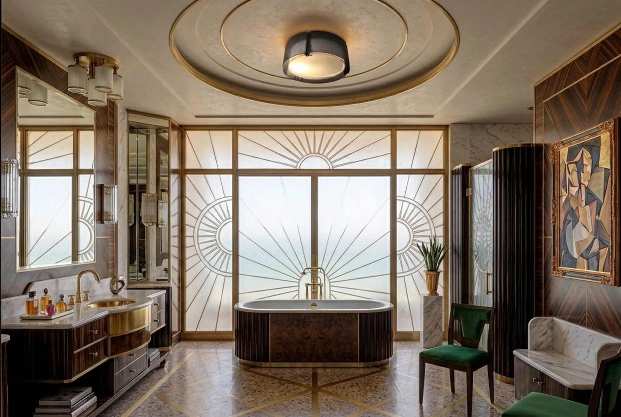 luz de teto antiga instalada em um banheiro elegante com janela