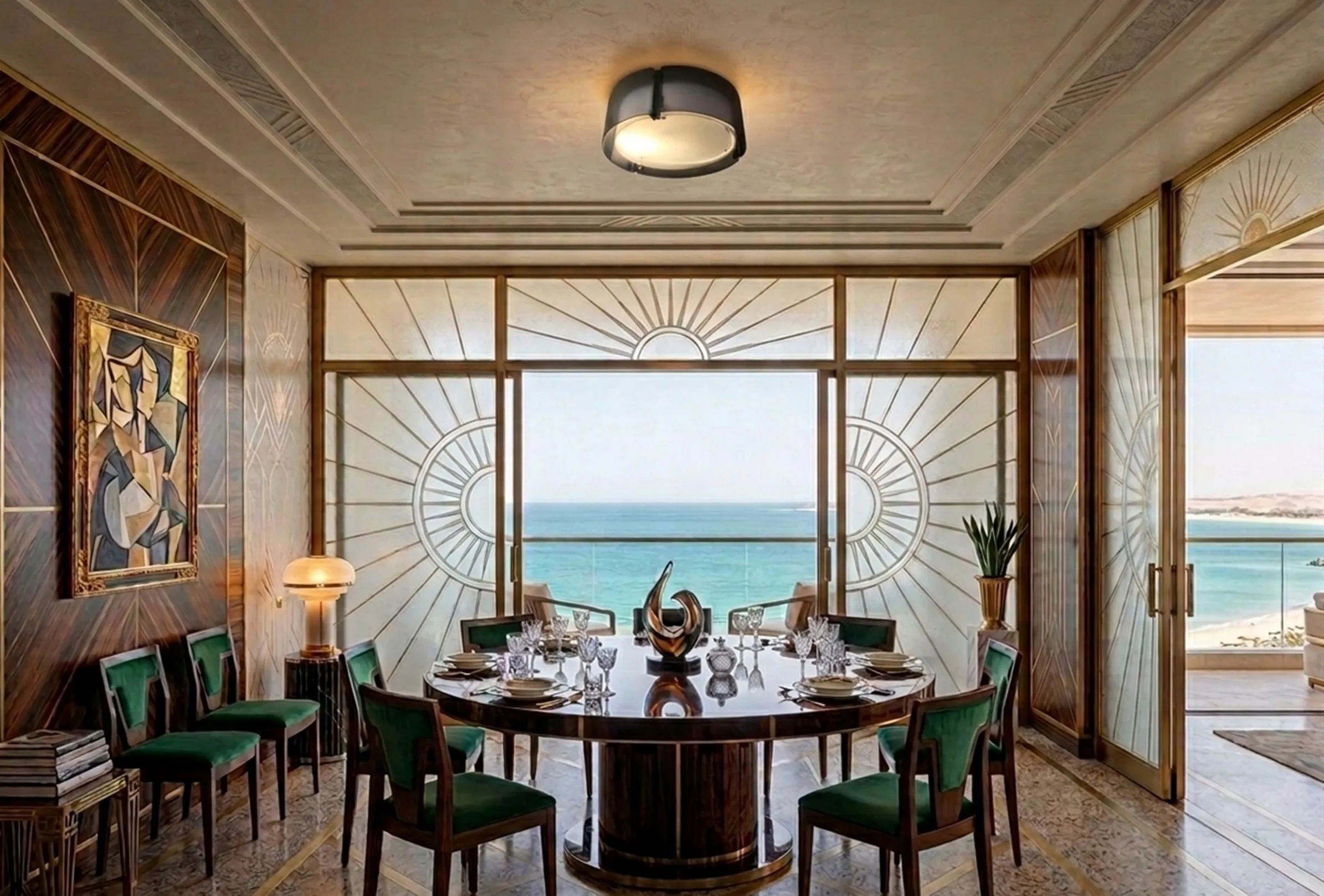 antike Deckenleuchte in einem Raum mit Meerblick