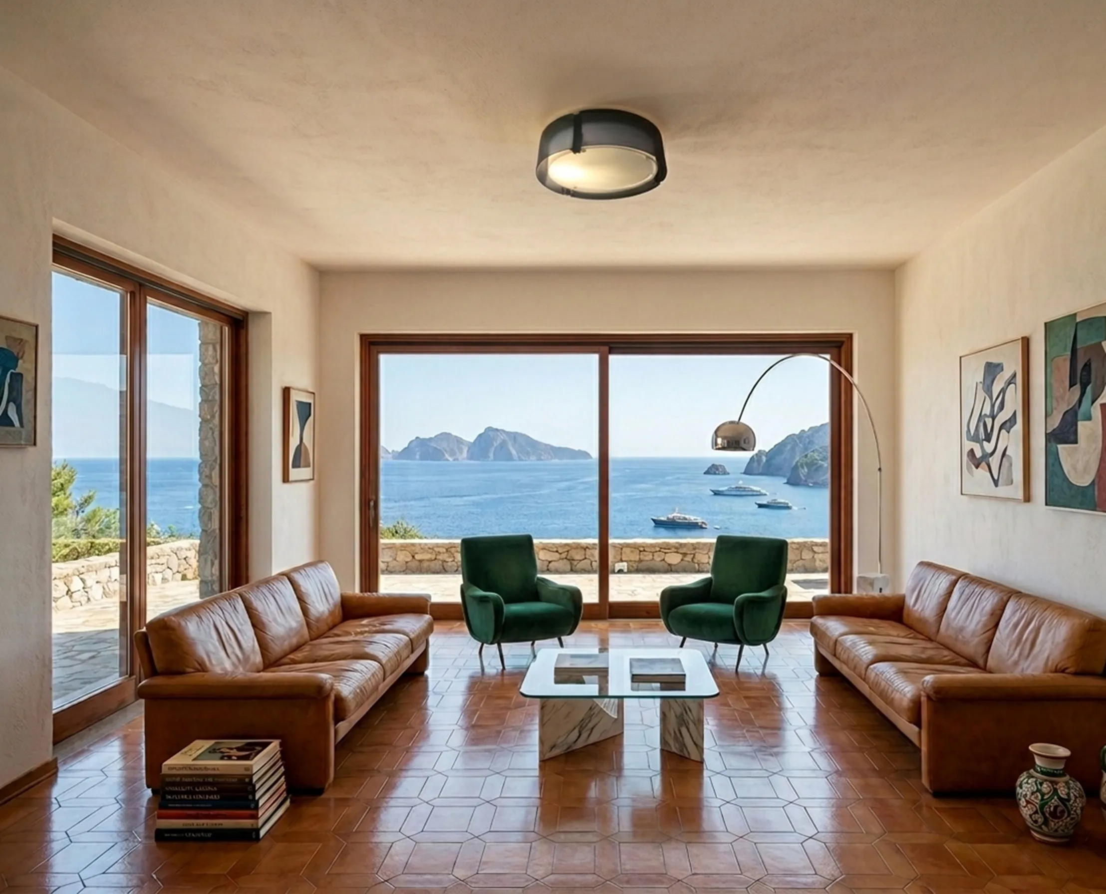 античный потолочный светильник в уютном светлом помещении с видом на океан