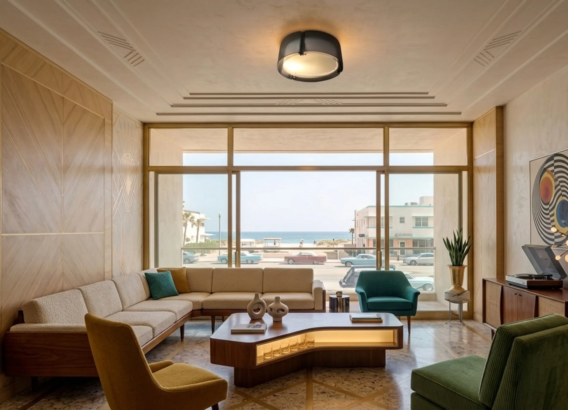 Plafón antiguo iluminando un acogedor salón con vista al mar