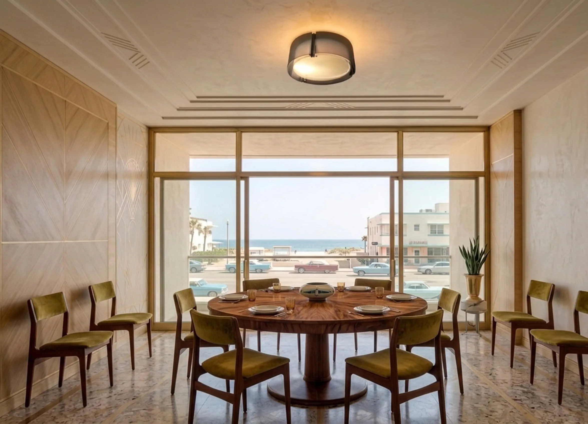 plafón antiguo iluminando una sala moderna con vista al mar