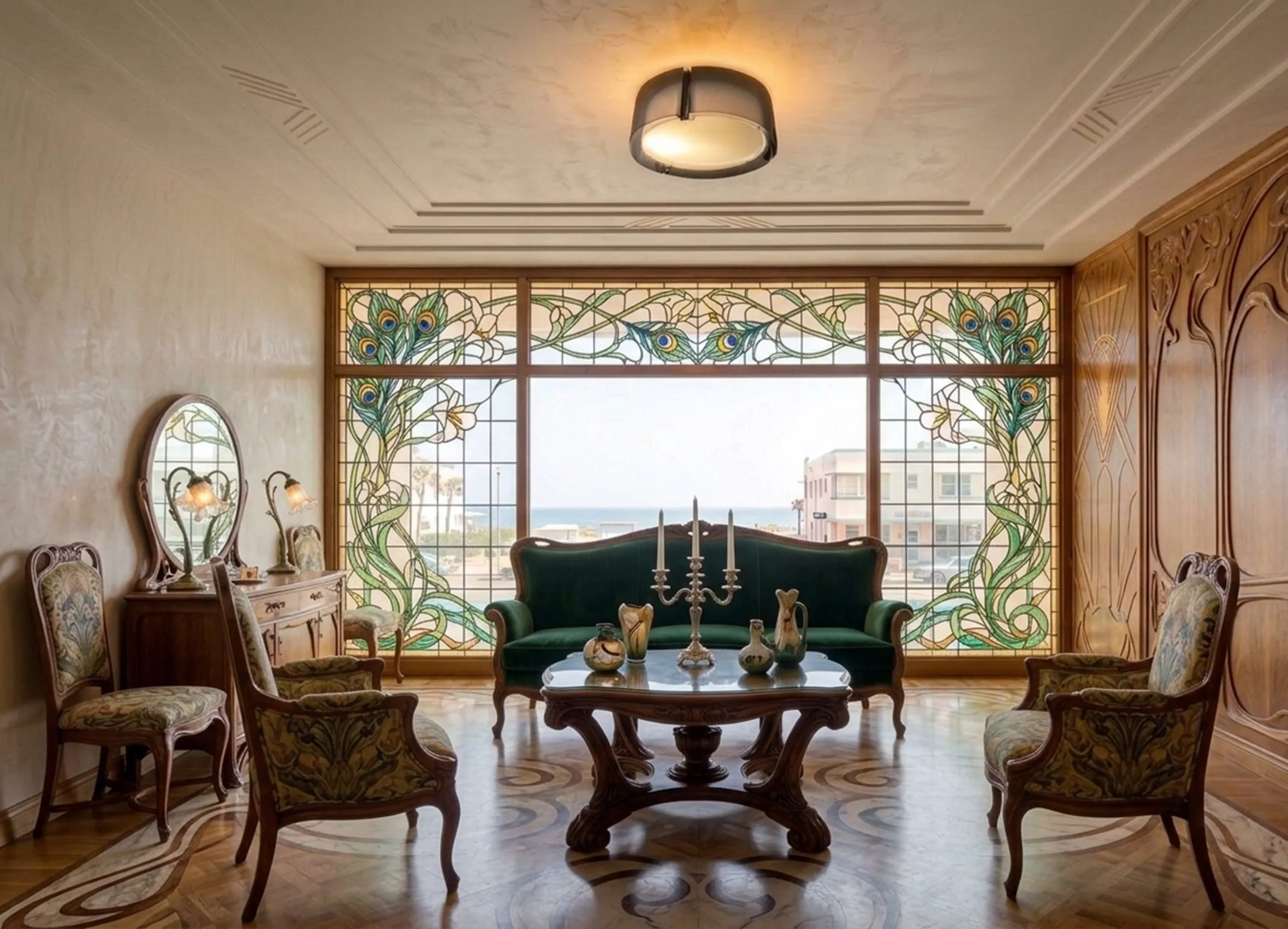 antike Deckenleuchte, die ein elegantes Wohnzimmer beleuchtet