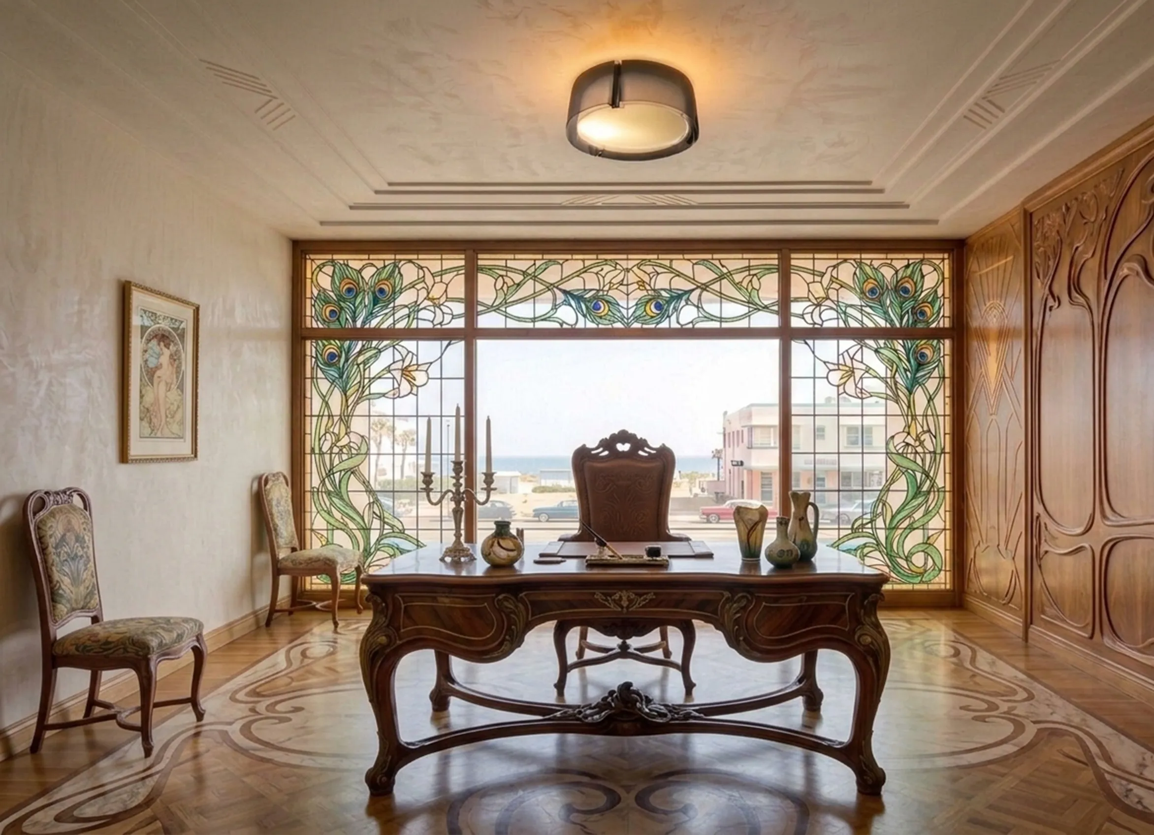 plafoniera antica che illumina un elegante ufficio con finestre in vetro colorato