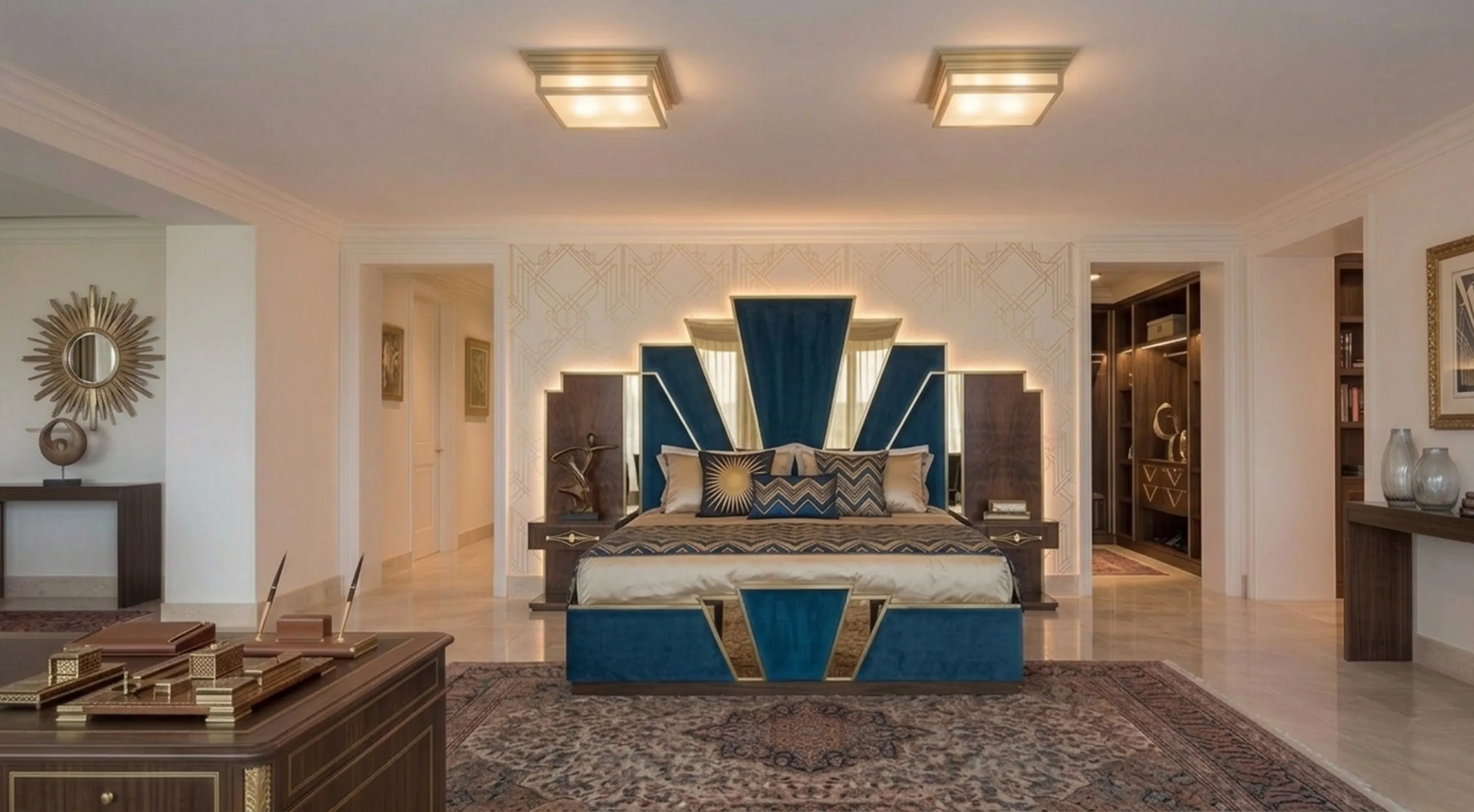 Two antique ceiling lights in an elegant bedroom, illuminating the space