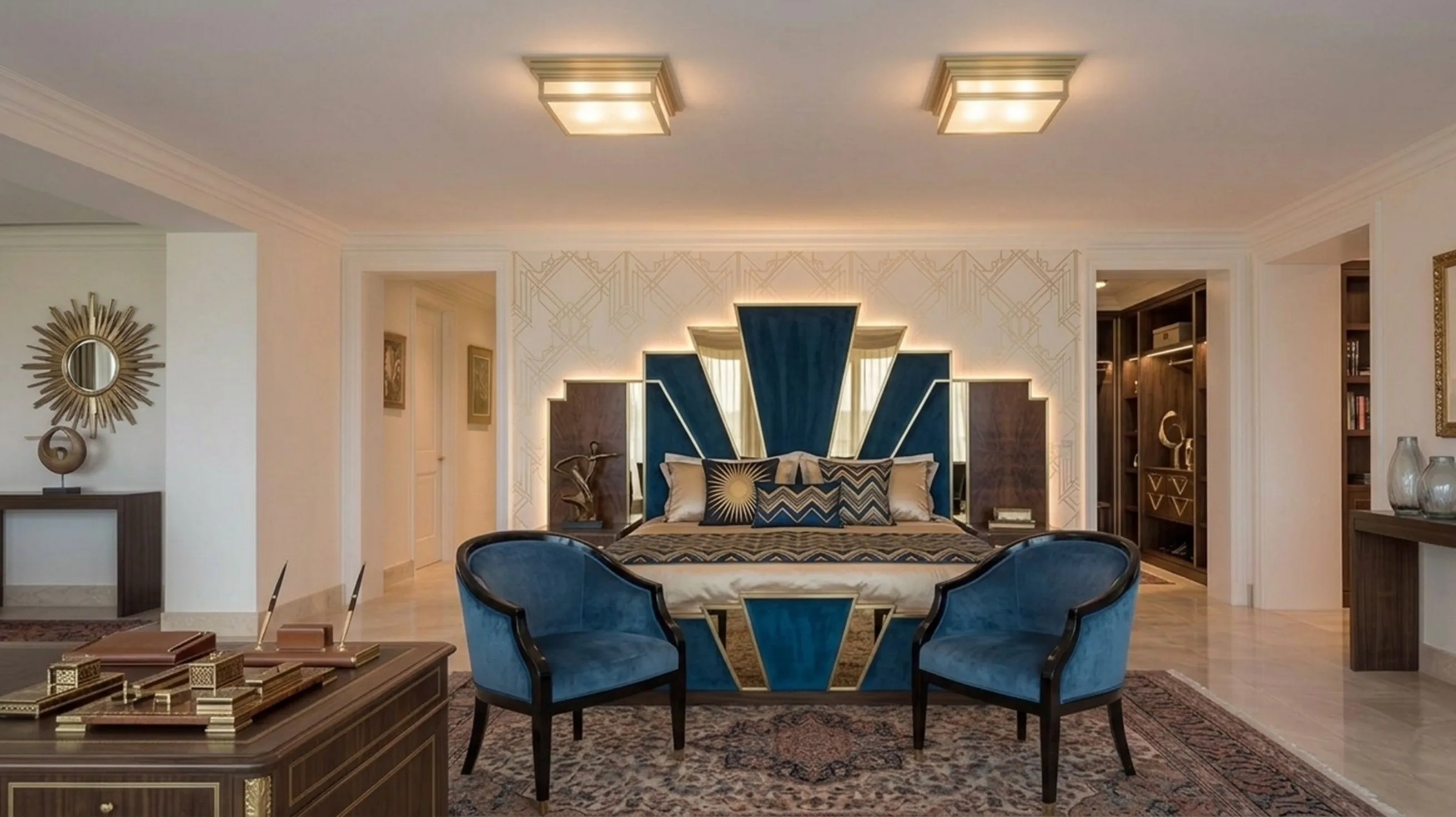 Lighting with two antique ceiling lights in a modern bedroom