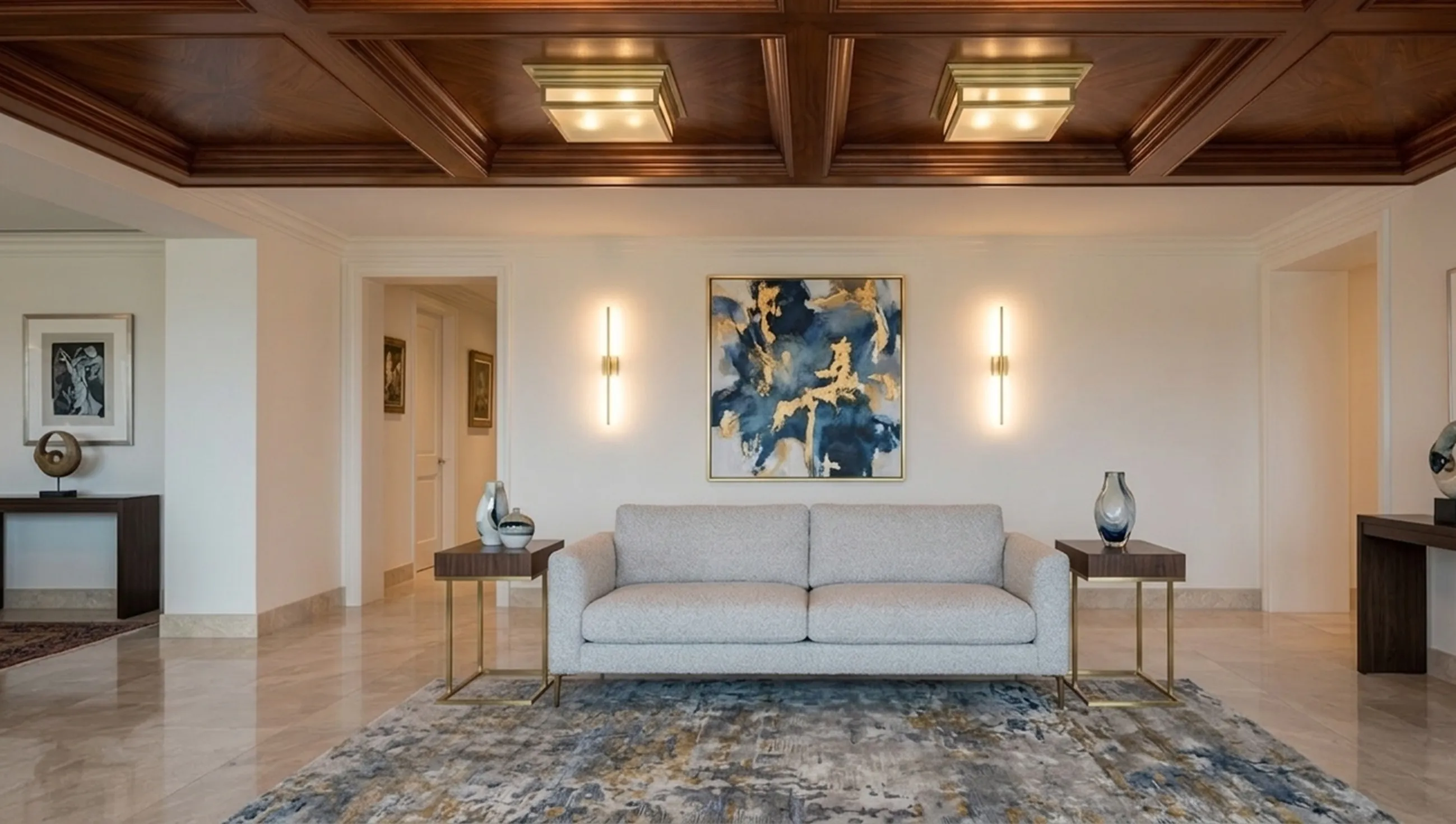 two antique ceiling lights illuminating a modern room