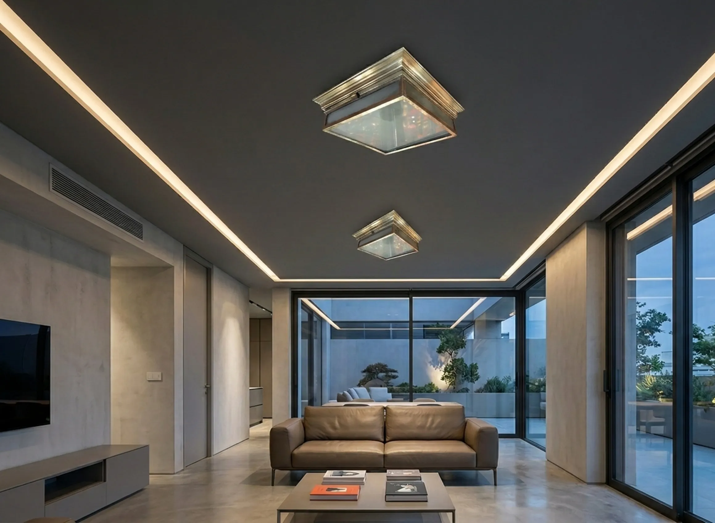 view of two antique ceiling lights in a lit room
