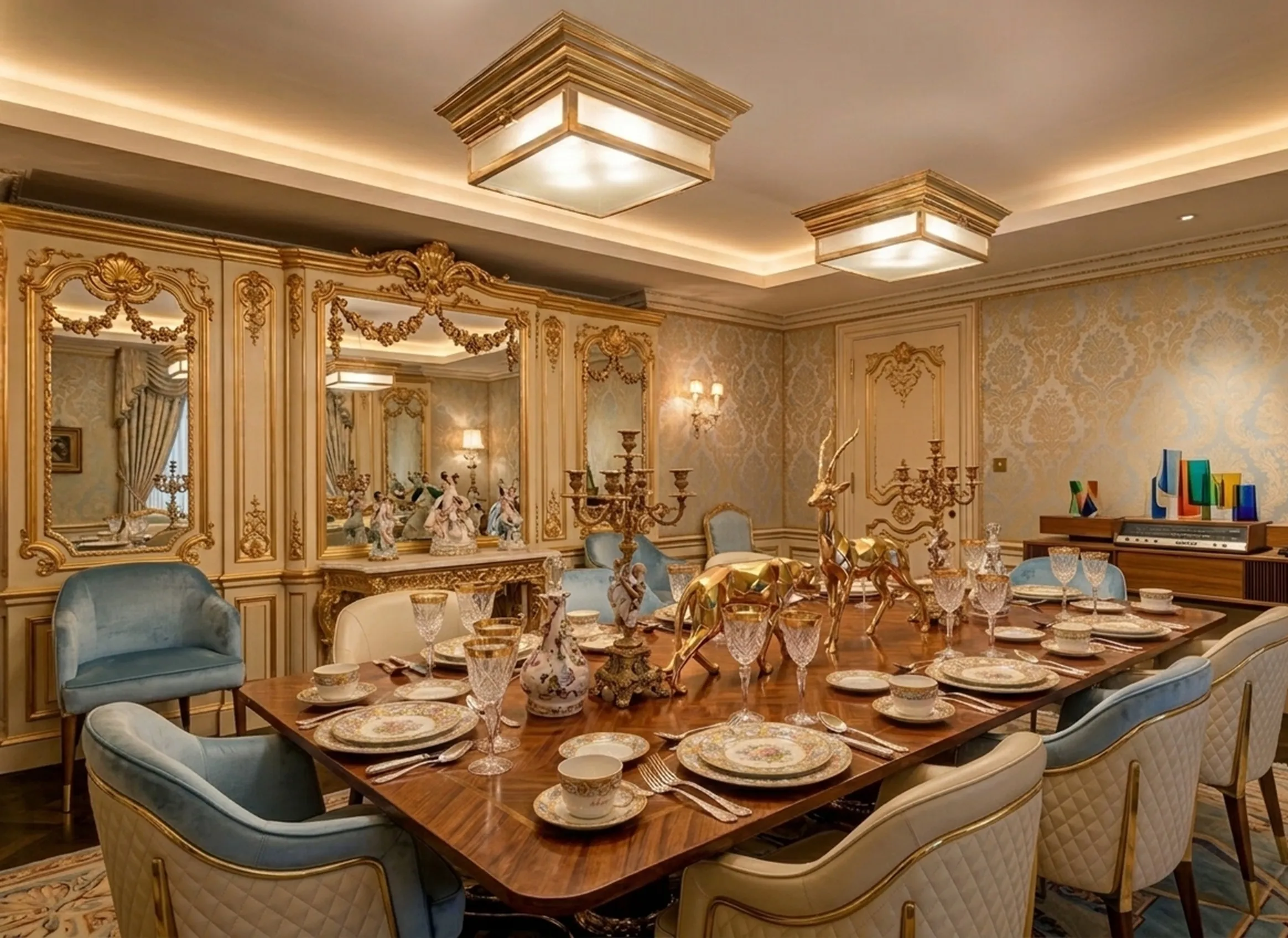 Two antique ceiling lights illuminating a beautiful dining room with luxurious details.
