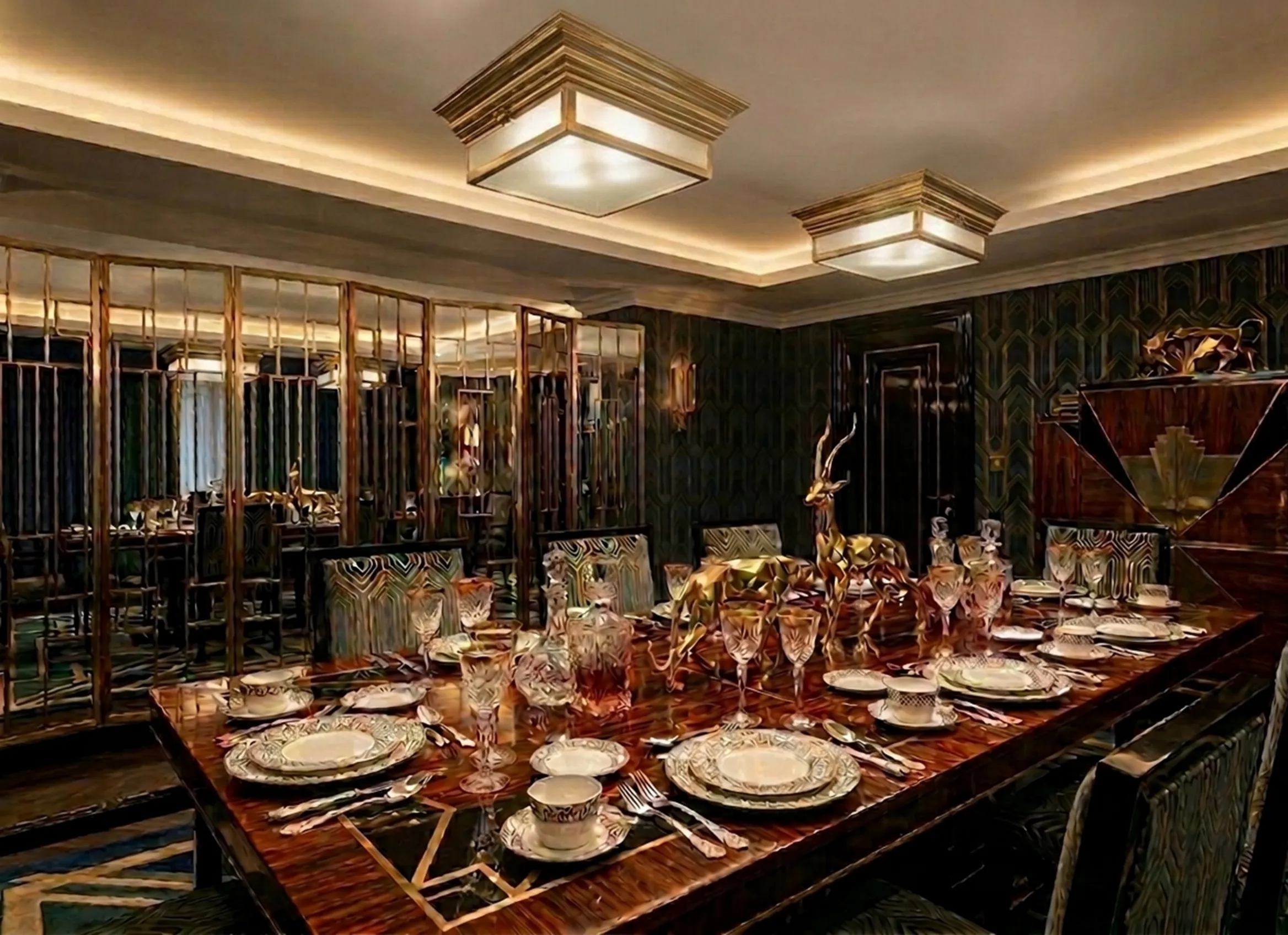 Duas luzes de teto antigas em uma sala de jantar elegante