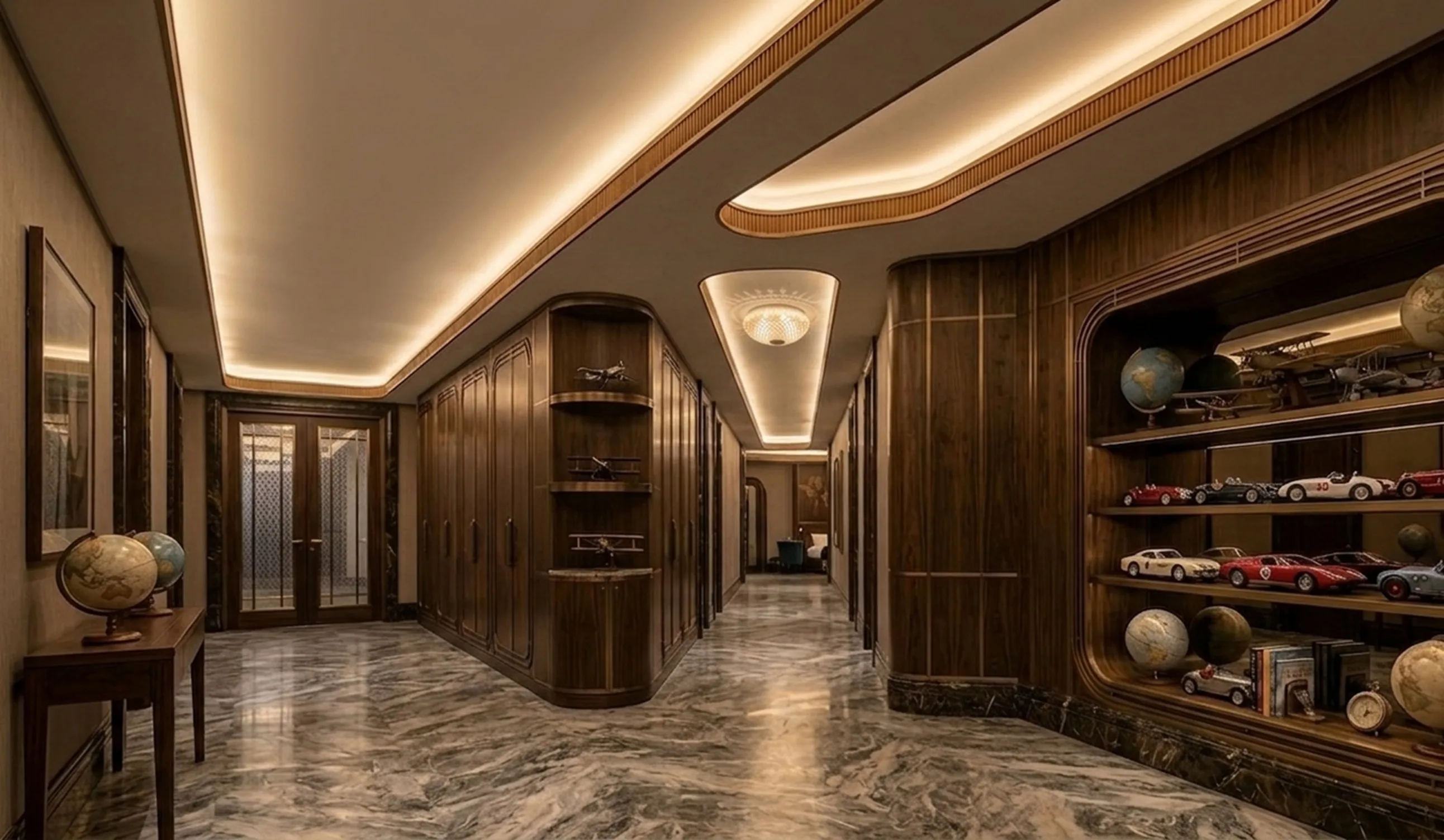 앤티크 천장등이 지구본과 모델이 있는 복도를 밝히다