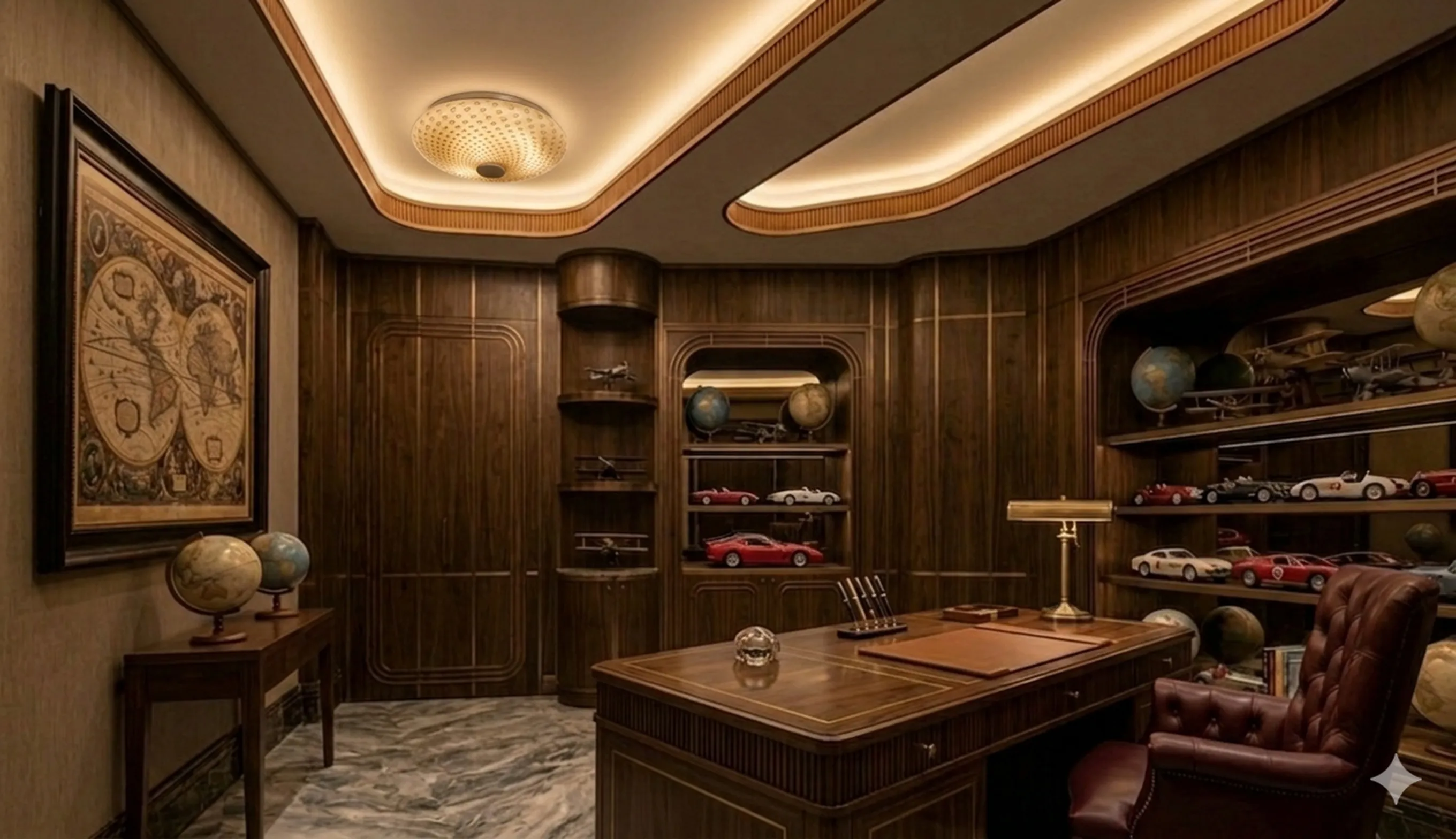 Luz de teto antiga iluminando um elegante escritório