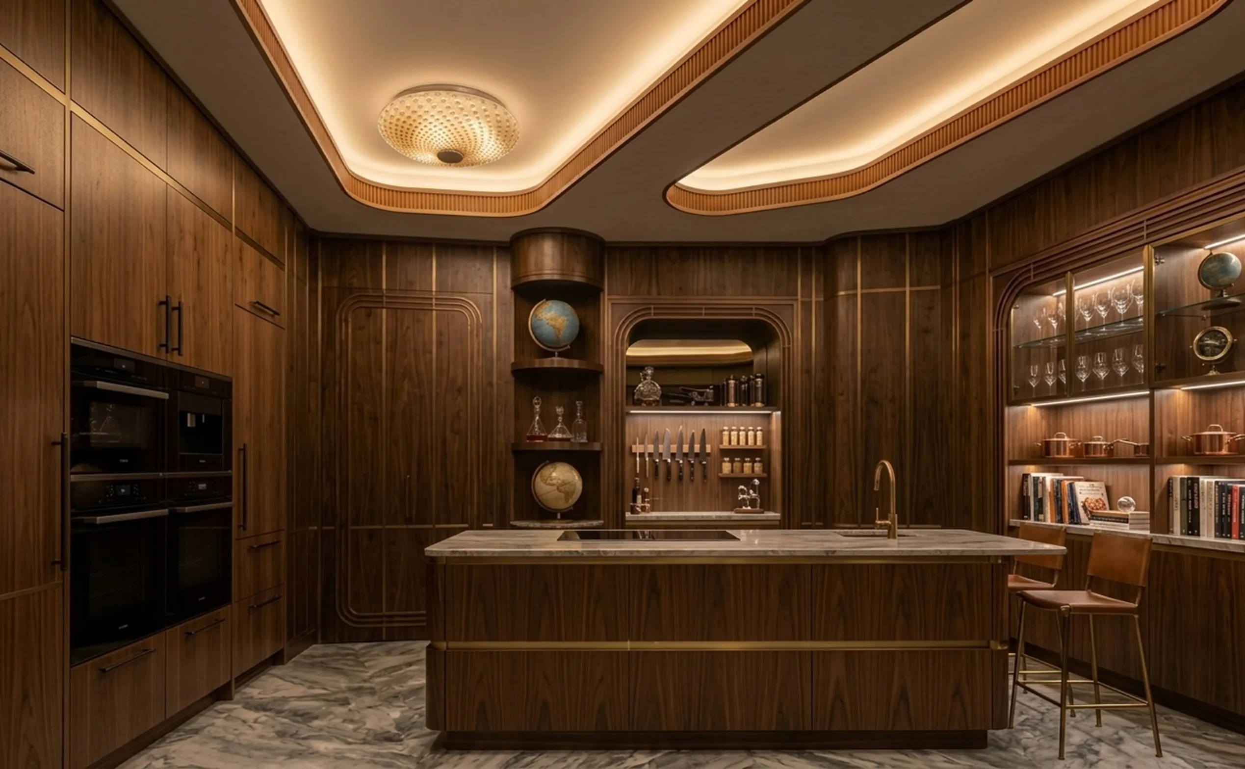 plafonnier ancien dans une cuisine moderne avec finitions en bois