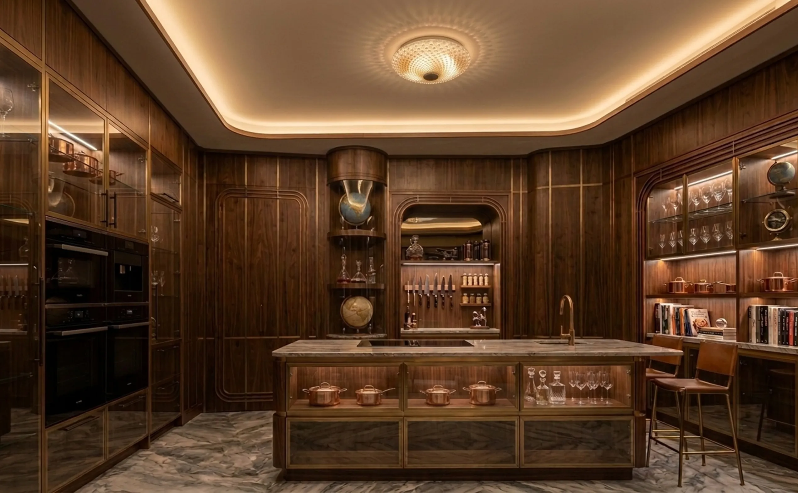 古い天井灯があるスタイリッシュなキッチン