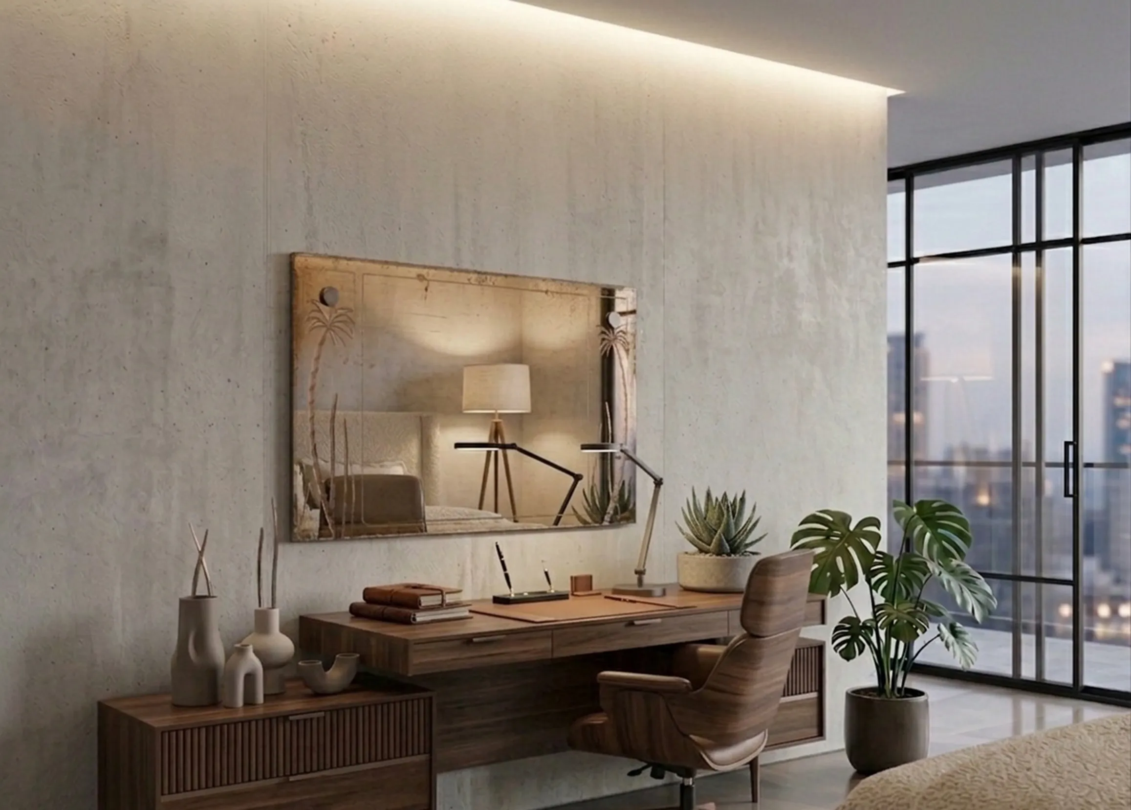 Antikes Spiegel mit modernem dekorativem Design in minimalistischem Umfeld