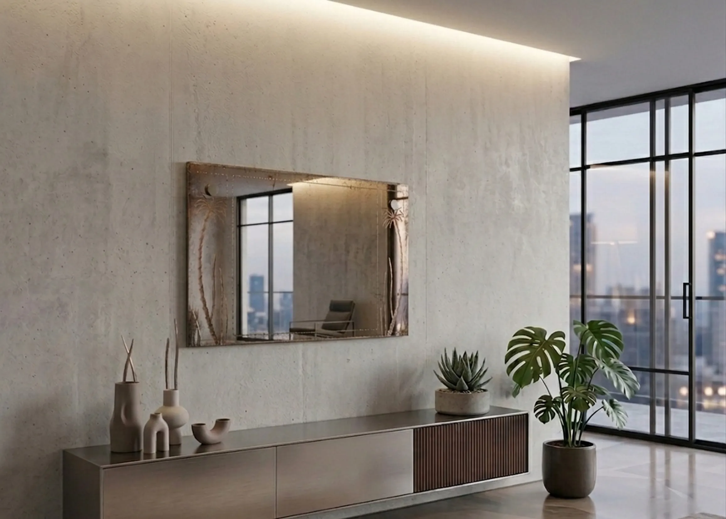 miroir antique décoratif sur le mur avec des plantes et des meubles