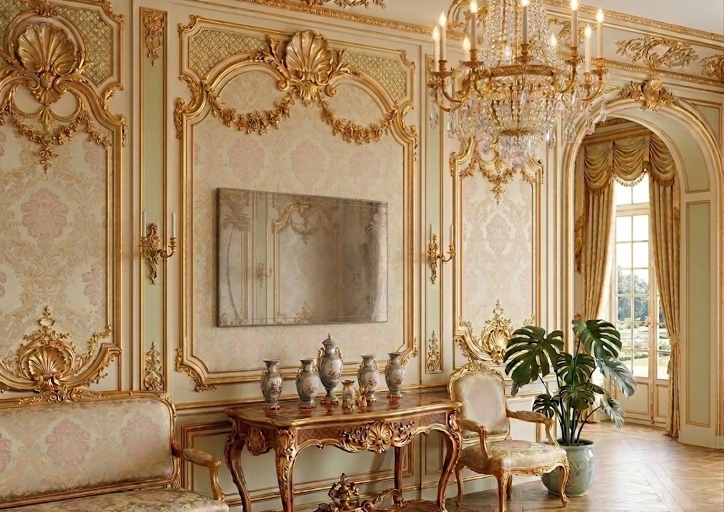 antiker dekorativer Spiegel an einer eleganten Wand mit Ornamenten