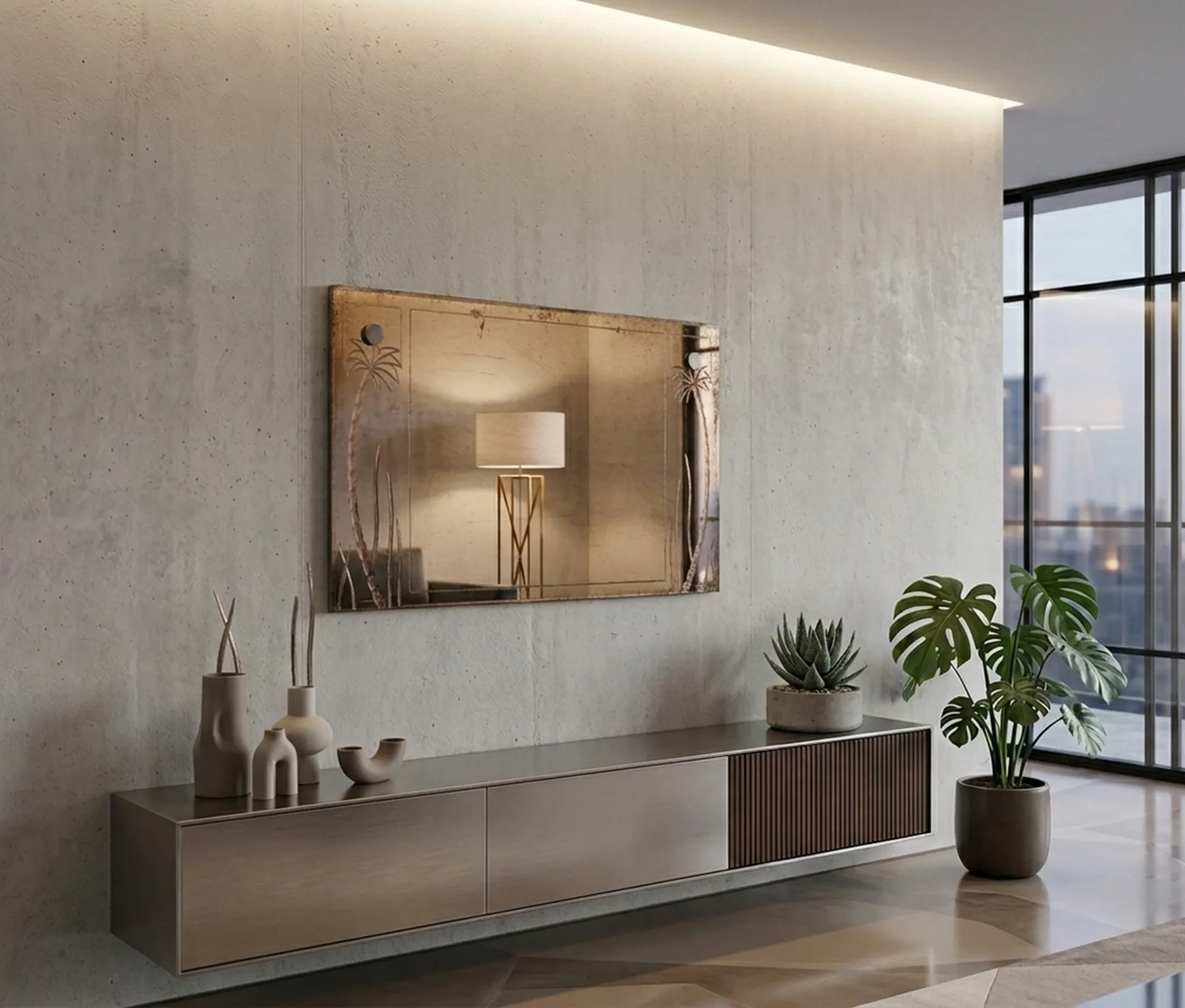 Specchio antico decorativo su una parete moderna, con dettagli chiari.