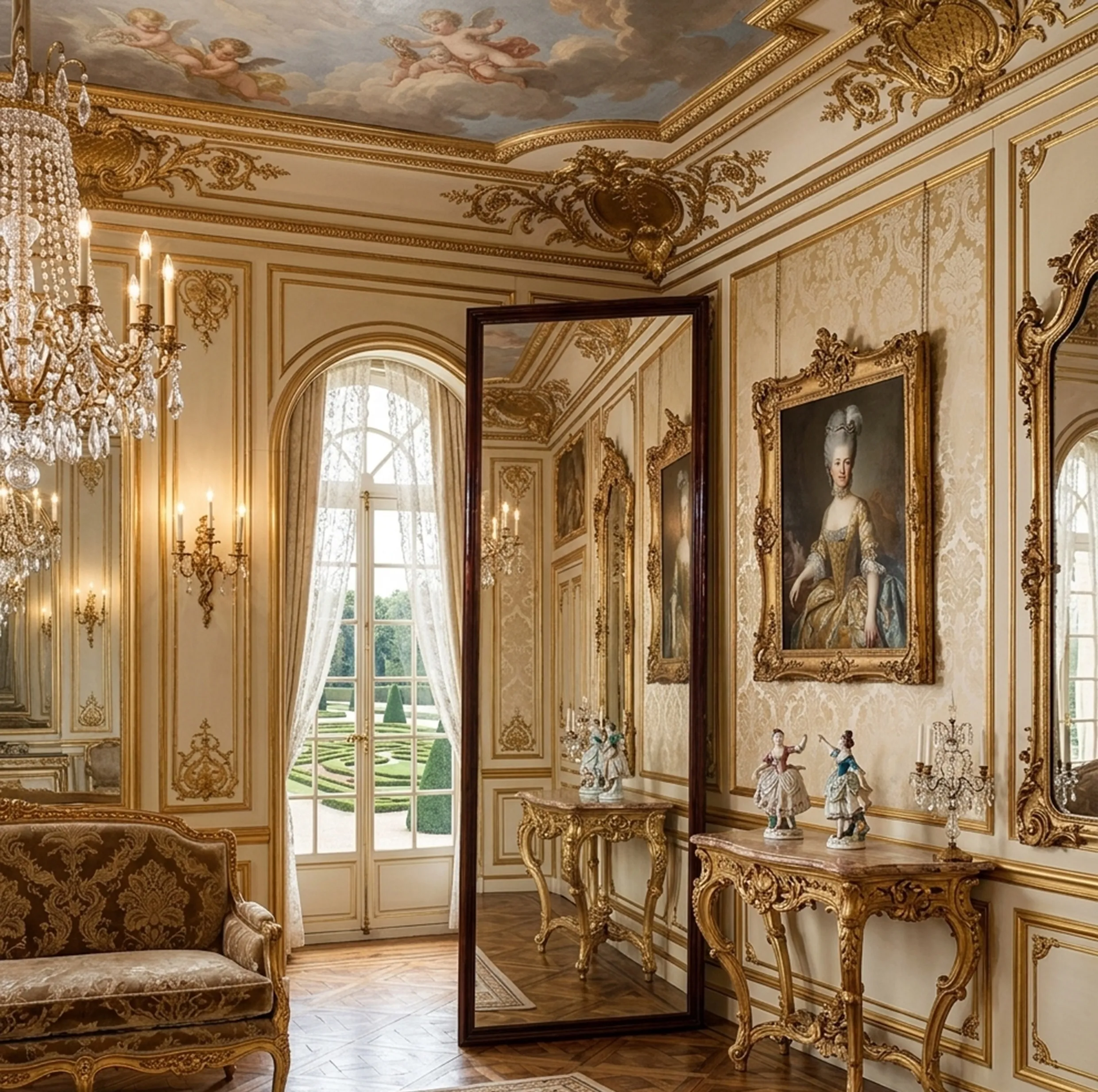 Antique decorative mirror in an elegant room with chandeliers and art