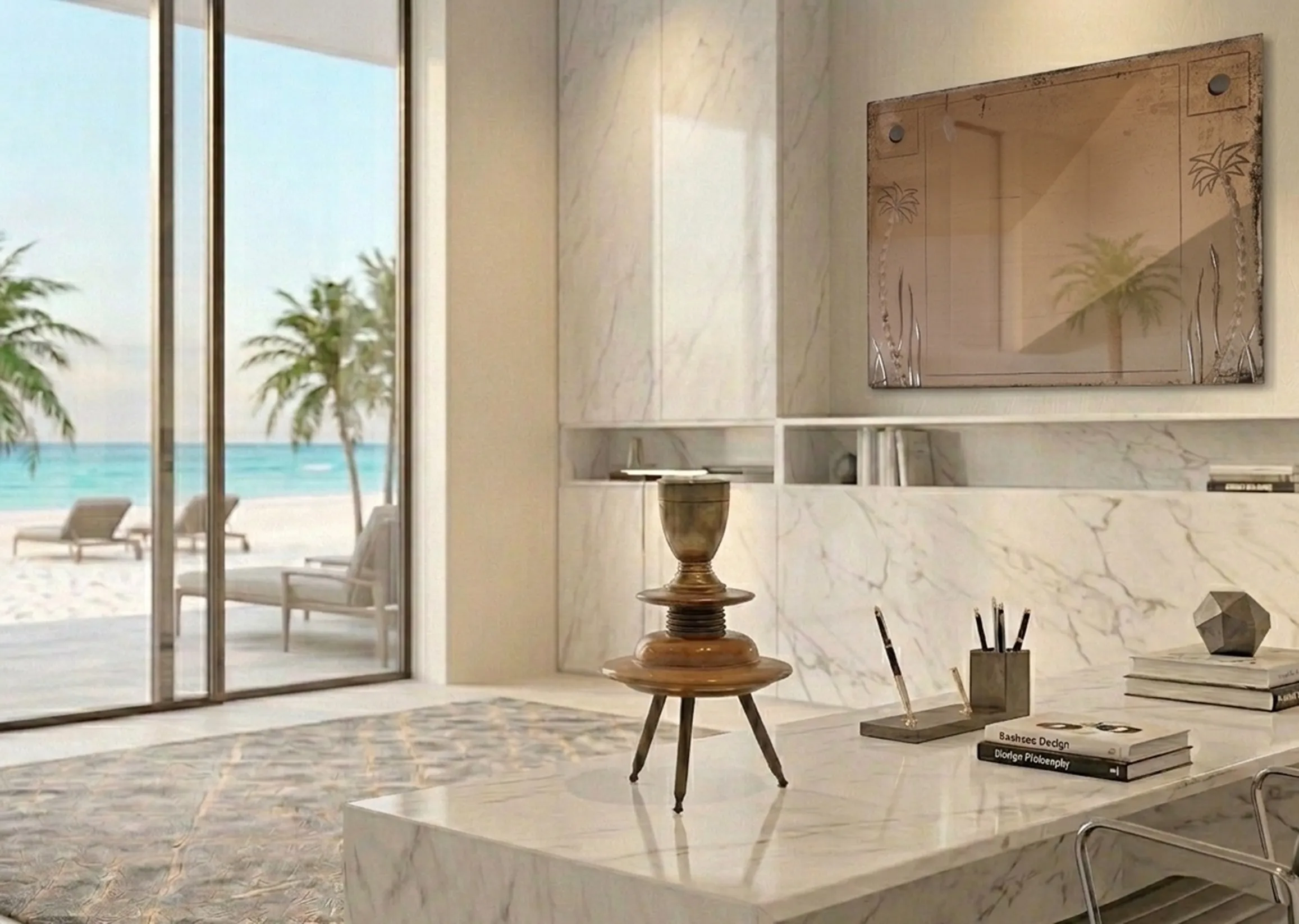 espelho decorativo antigo em um ambiente elegante com vista para o mar