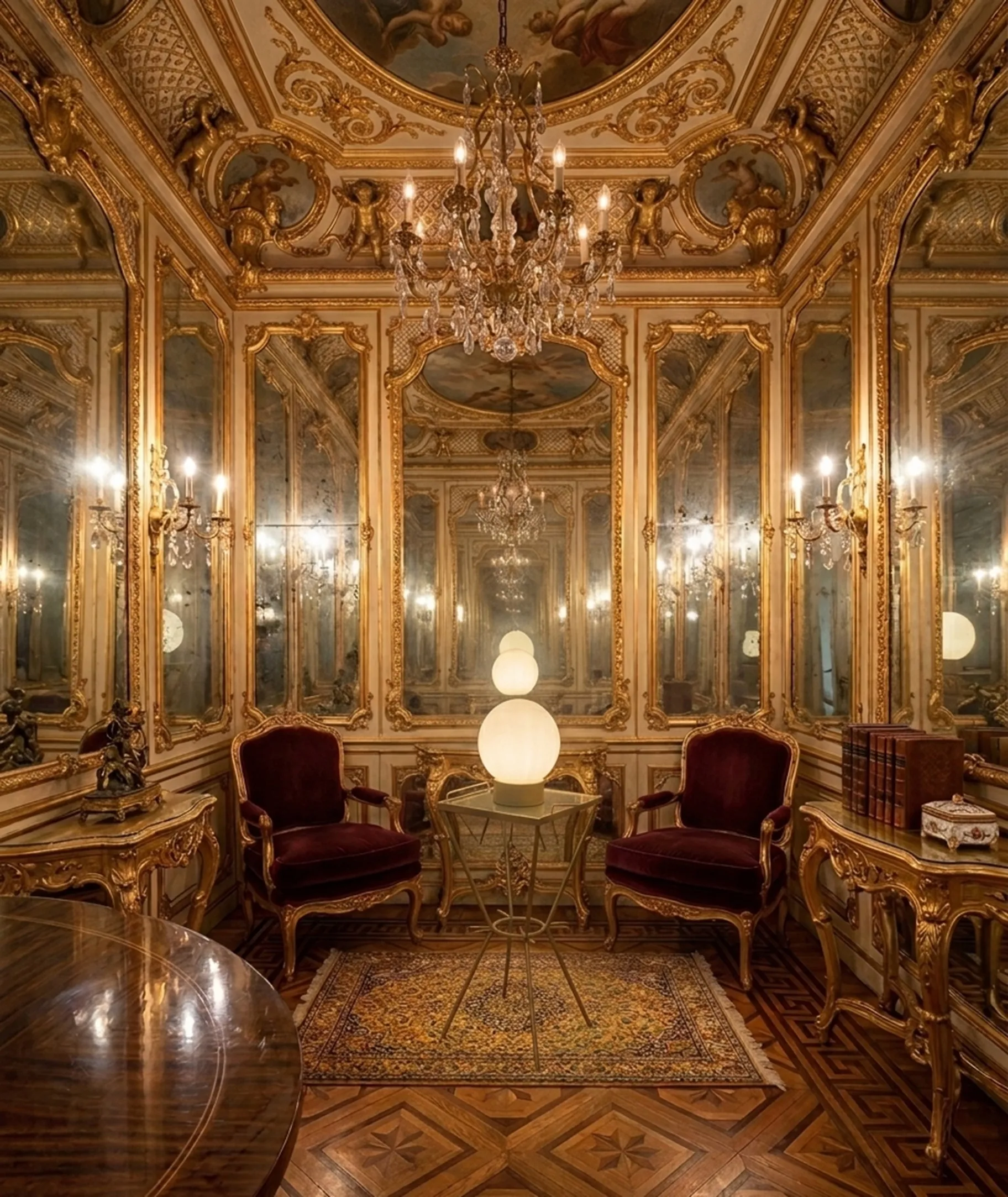 Uma luminária de mesa antiga com design elegante em um ambiente decorado de luxo, ao lado de cadeiras e ornamentos dourados.