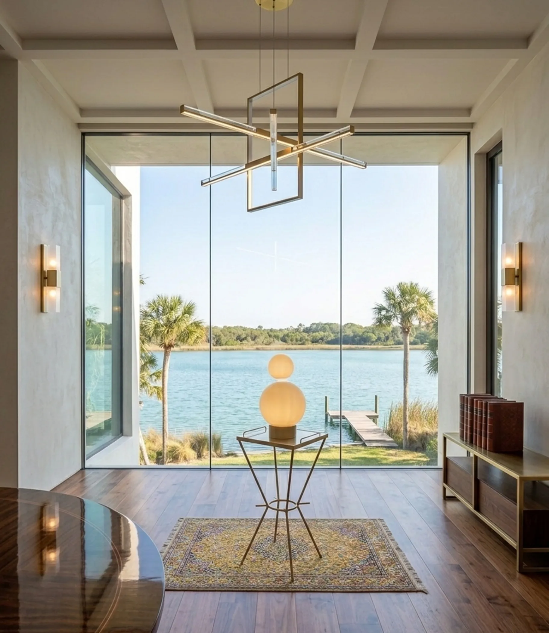 antiga luminária de mesa com design esférico e base elegante, iluminando um espaço claro com vista para a água