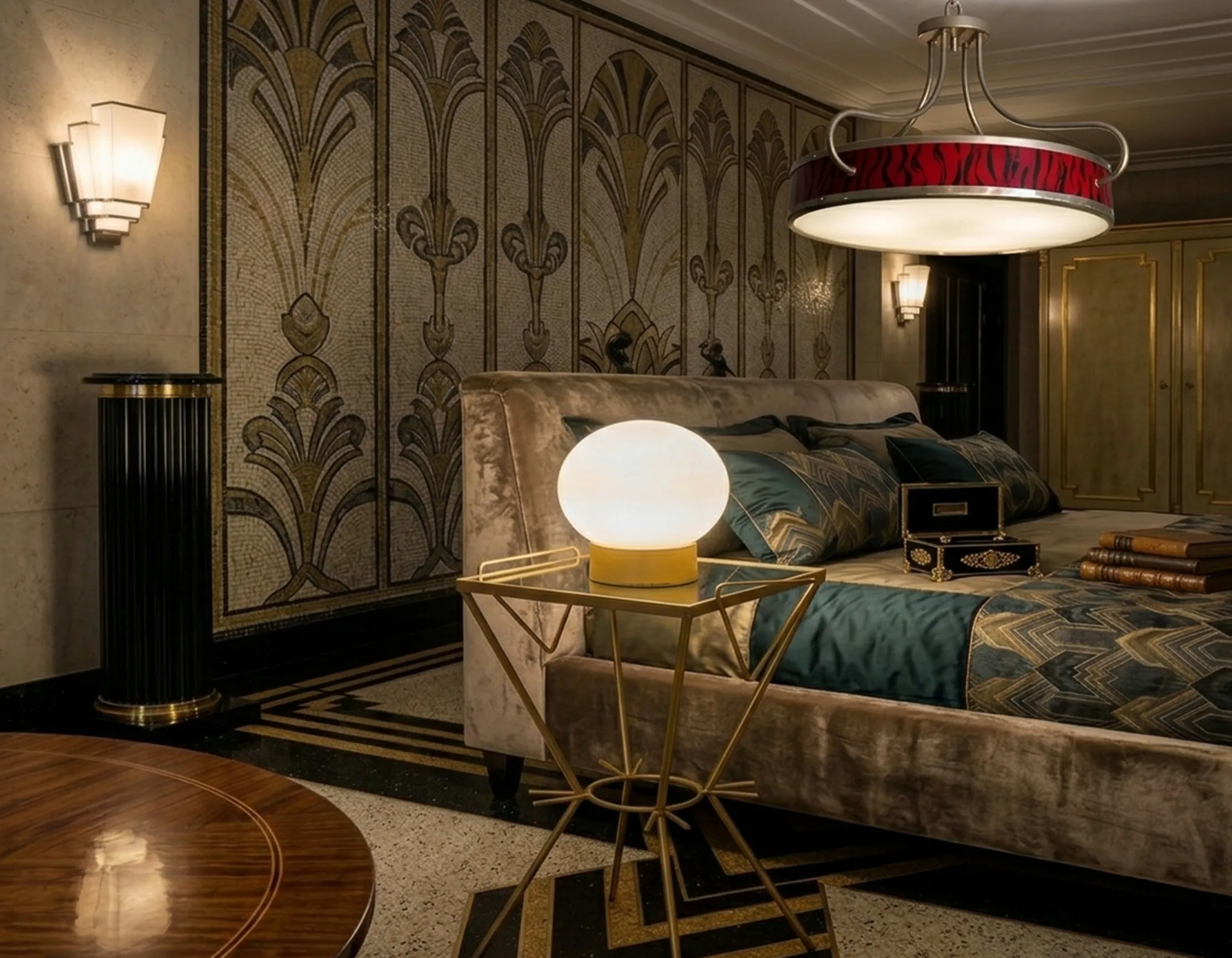 Dos mesitas antiguas en un dormitorio elegante con lámpara.