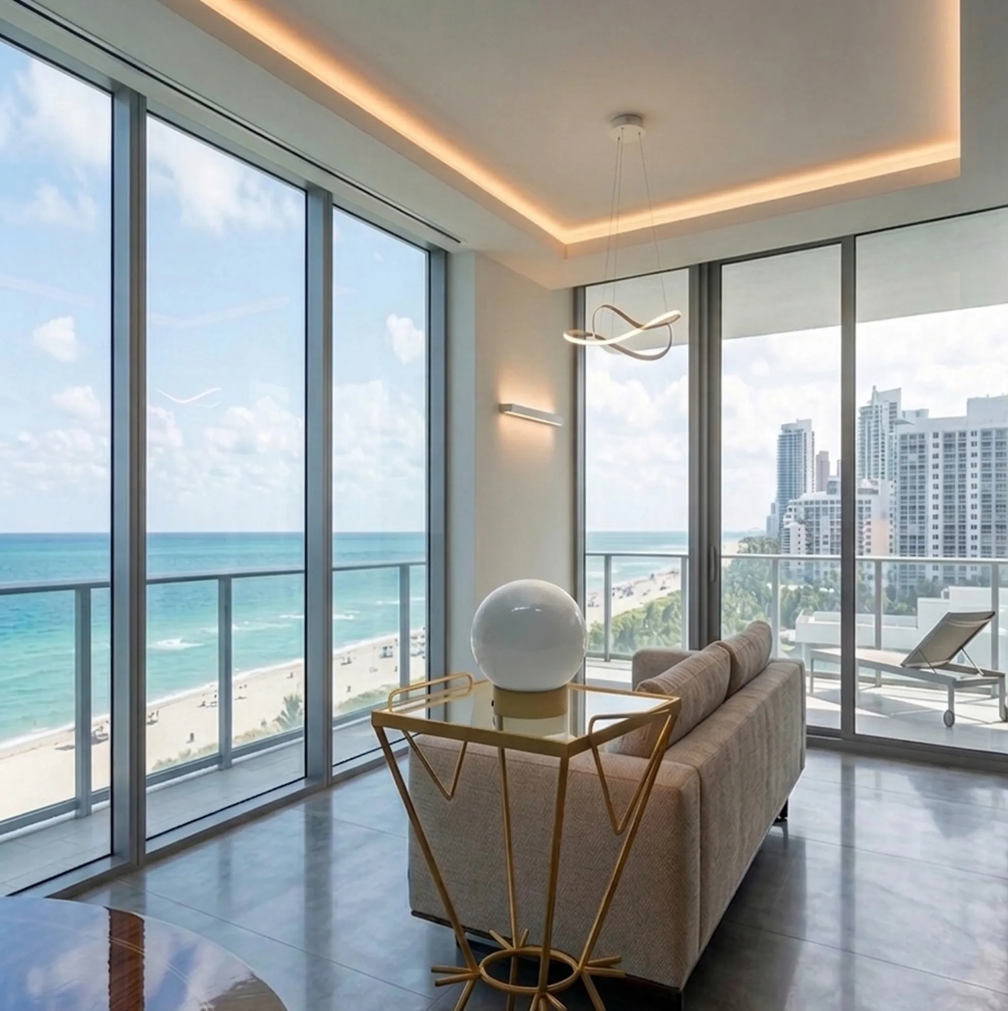 2 पुरानी छोटी मेज़ एक आधुनिक कमरे में समुद्र के दृश्य के साथ