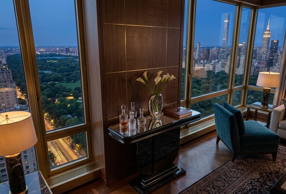 two antique consoles in an elegant setting with a view