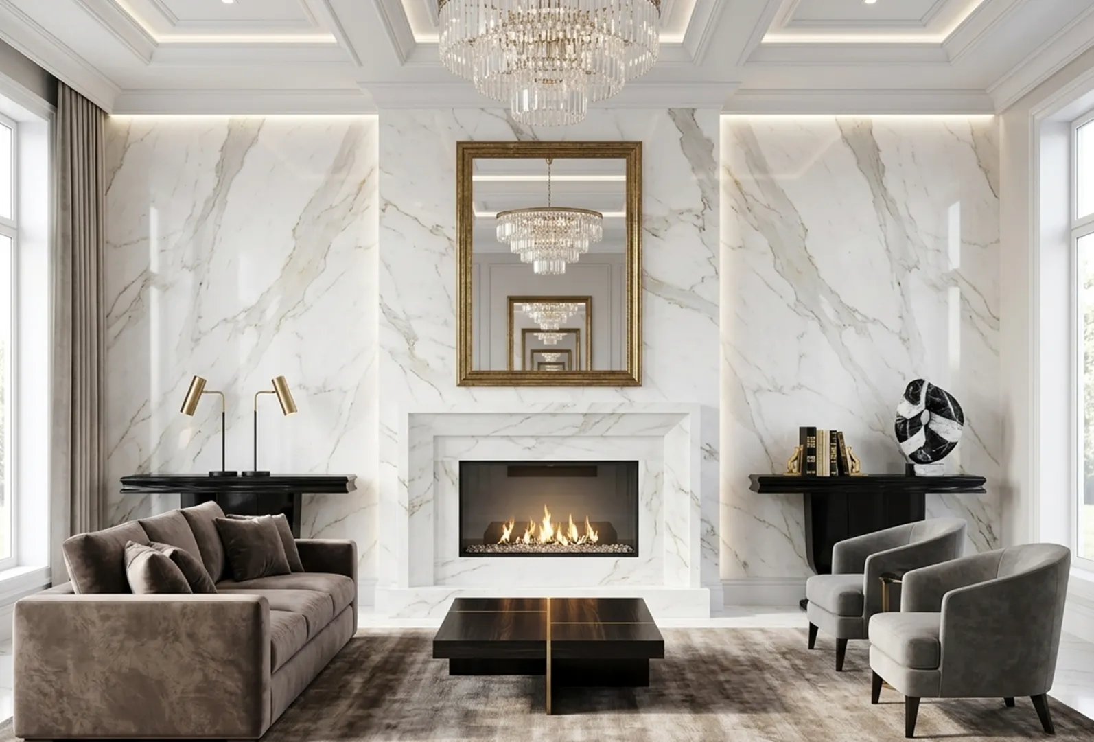 duas consoles antigas em um quarto elegante com lâmpadas e lareira