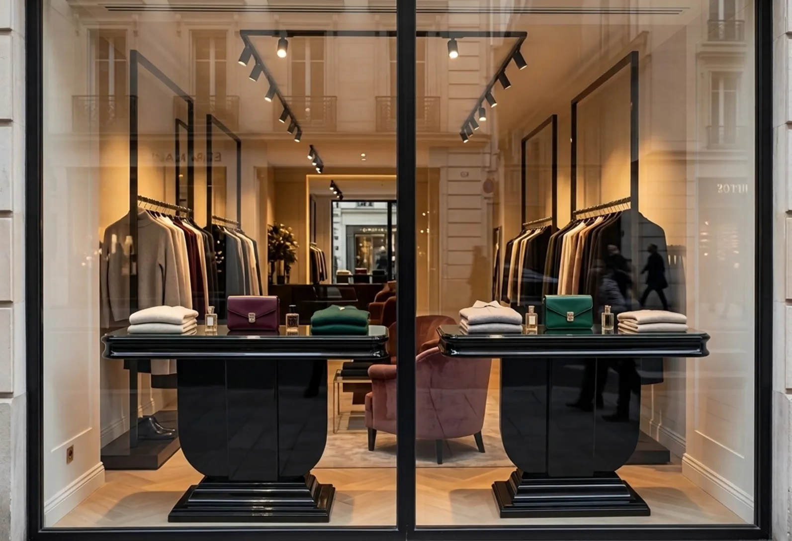 Showcase view with 2 antique consoles in art deco style and clothing