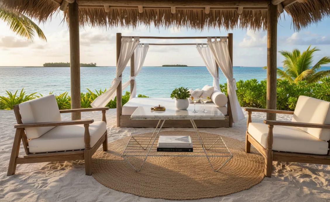 mesa de jardim antiga cercada por plantas na praia