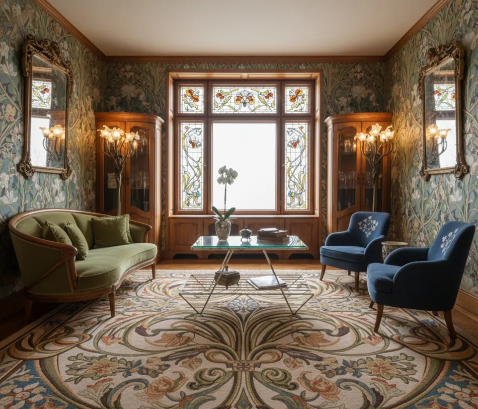 Mesa antiga retangular em uma sala de estar elegante, cercada por cadeiras azuis e decorações artísticas.