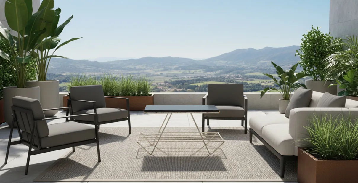 Mesa de jardín antigua en una terraza con vista