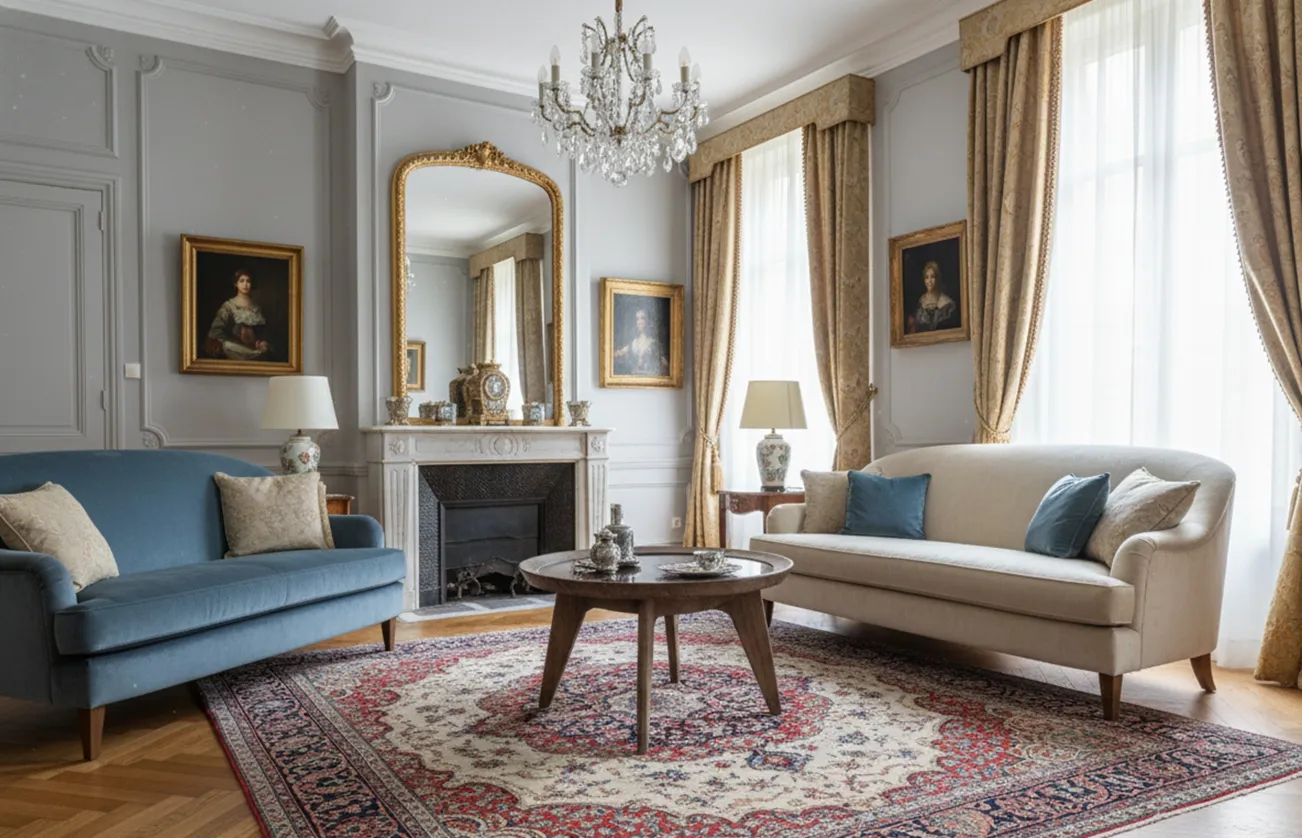 mesa ratona antigua de Charlotte Perriand con diseño elegante en sala clásica