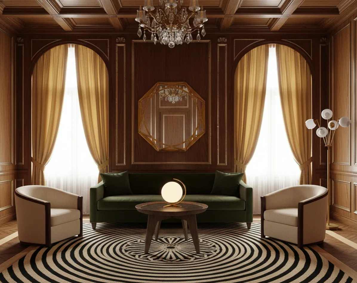 Antique coffee table in an elegant living room with golden curtains and modern lights, sophisticated ambiance.