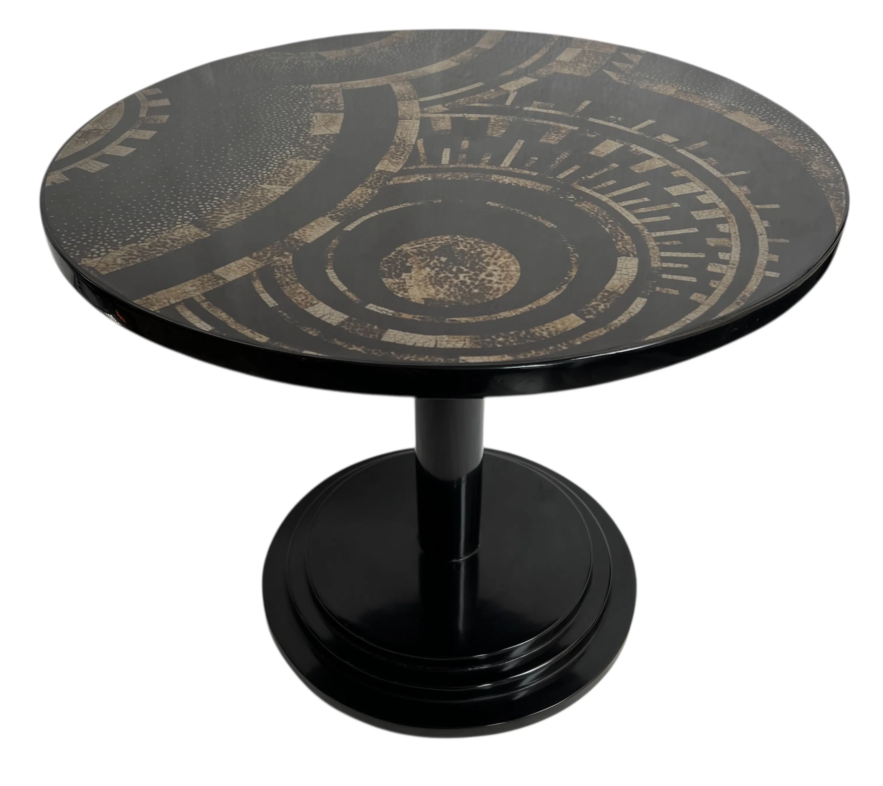 tavolino rotondo con design sopra e base nera