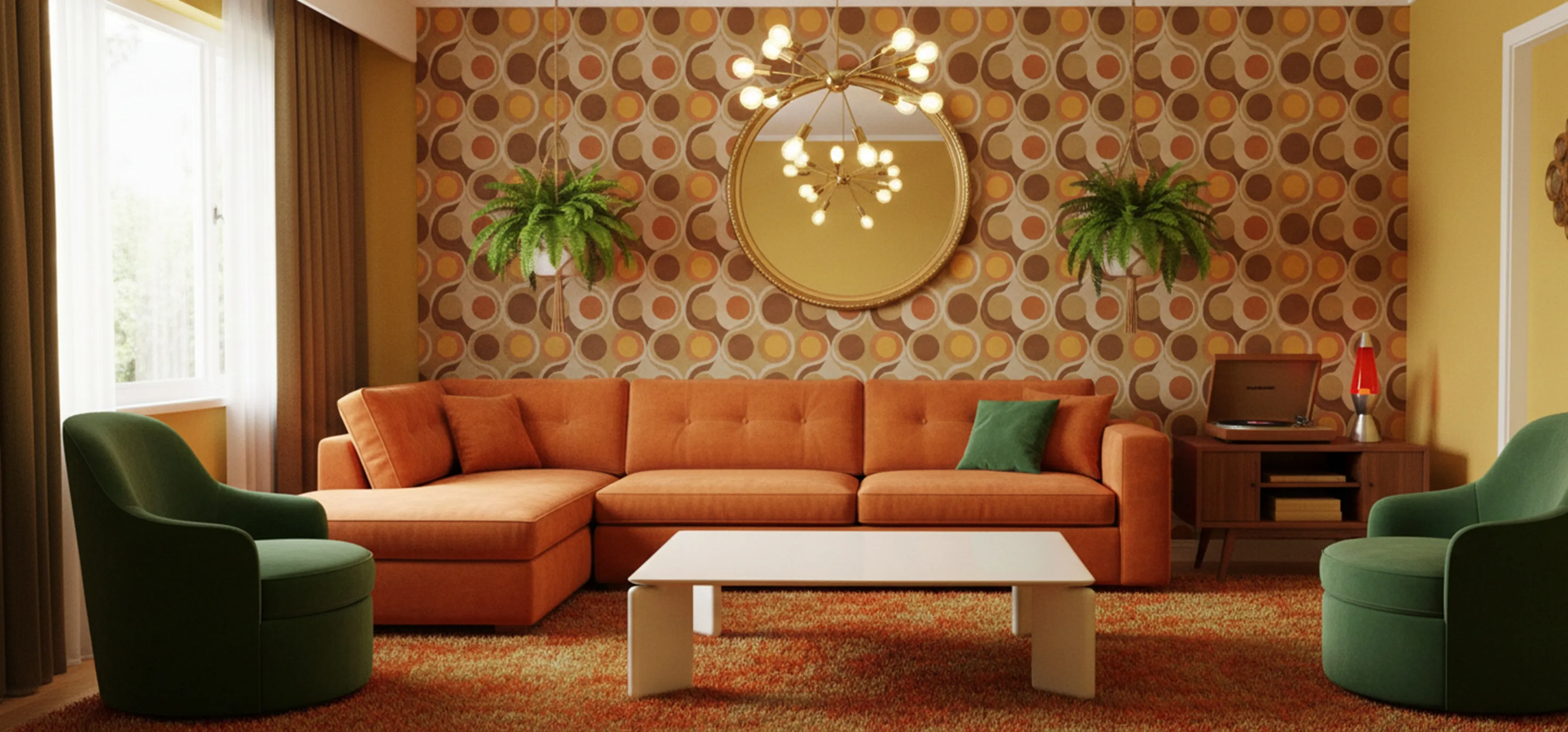 Mesa de centro antiga vico magistretti em uma sala com sofá laranja e decoração retrô.