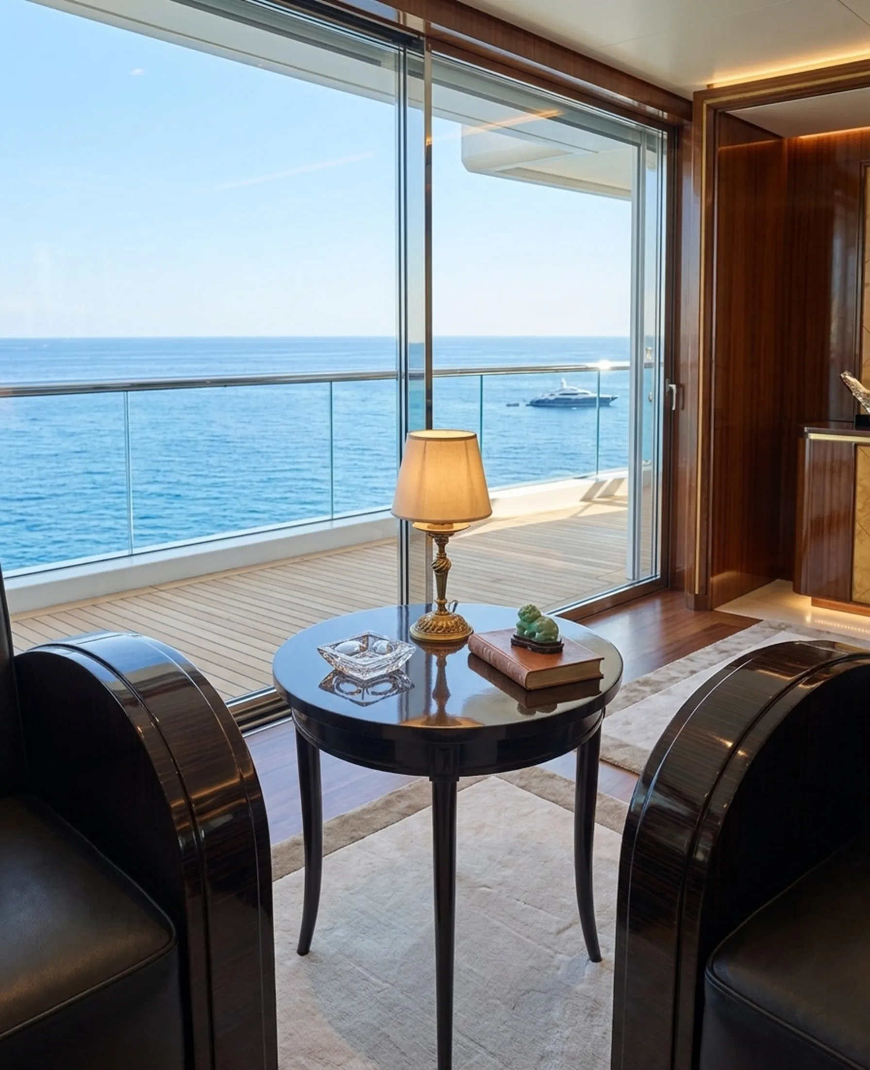 Vintage table lamp decorative by a window with ocean view.