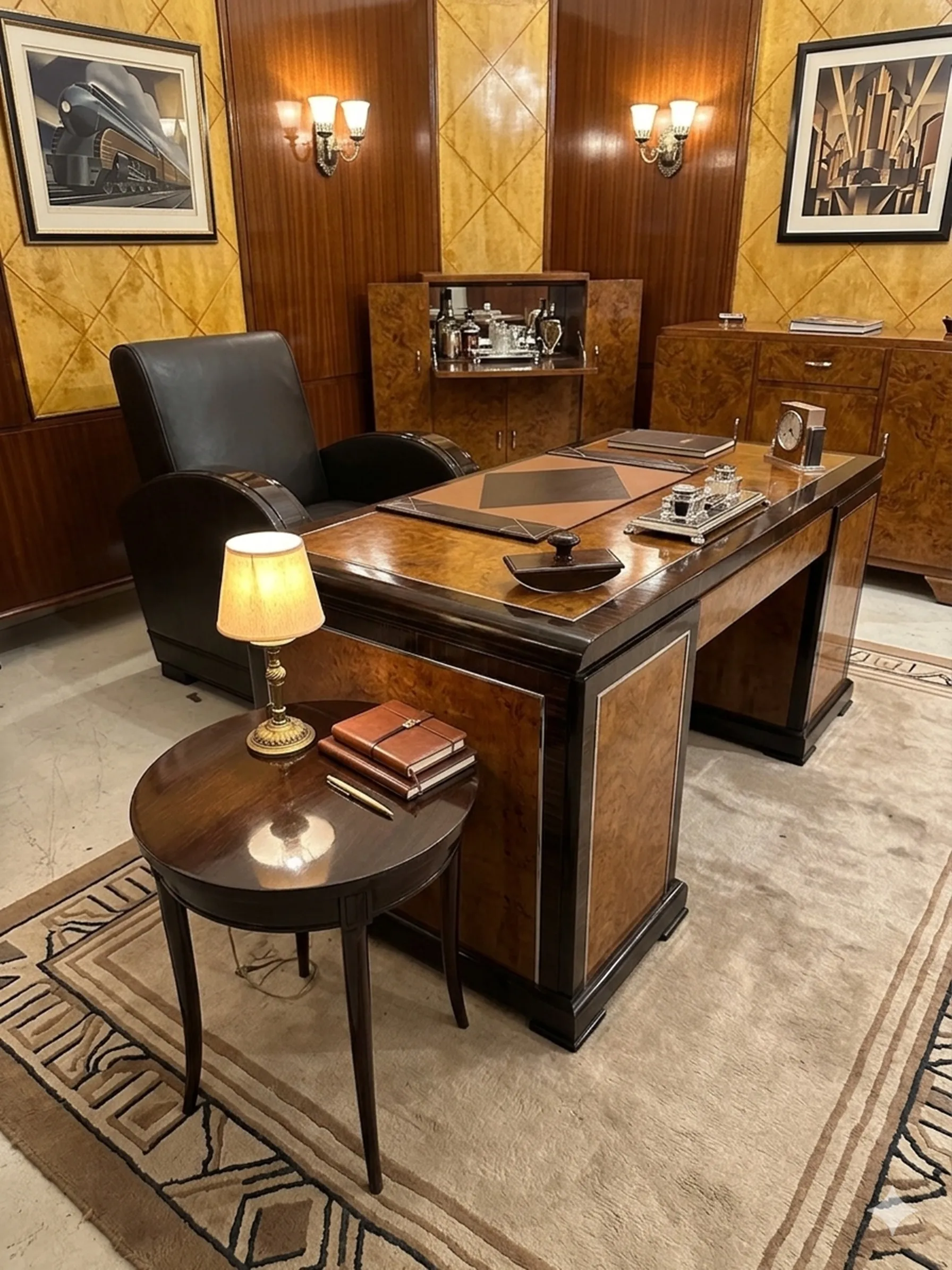 Antiker kleiner Tisch mit Lampe und Büchern in eleganter Umgebung.