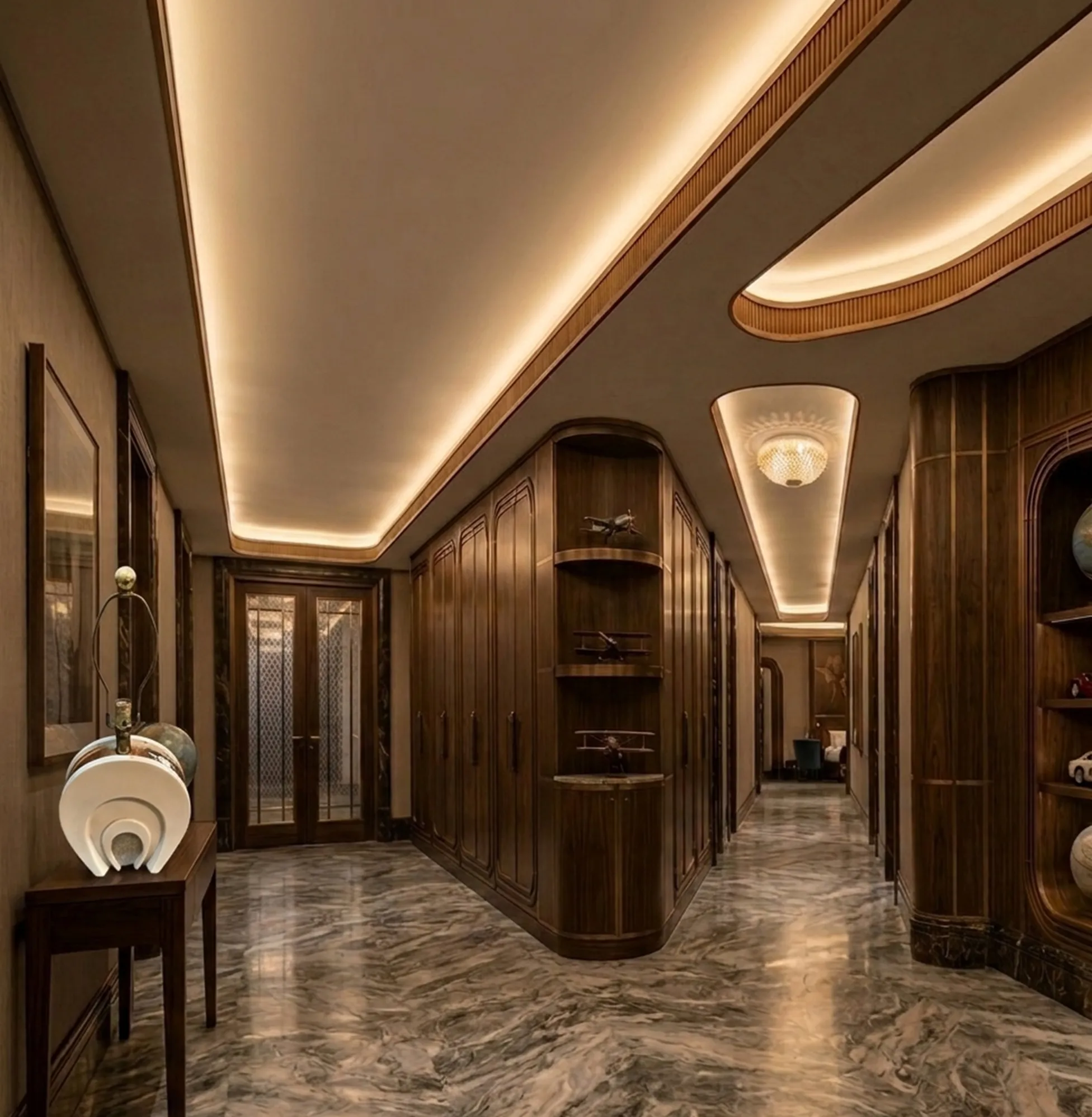 우아한 복도의 고풍스러운 테이블 램프, 부드러운 조명이 있는 테이블 위에