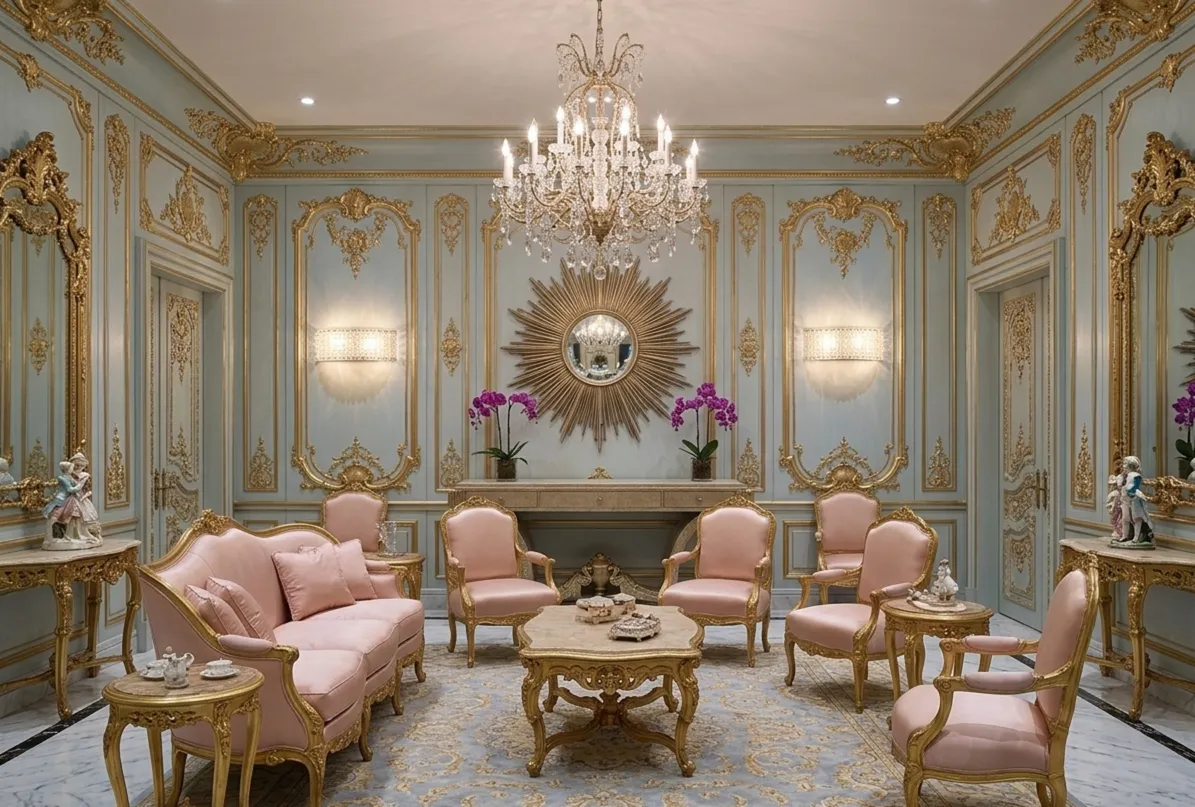 四个古老的壁灯装饰着美丽的蓝色墙面。