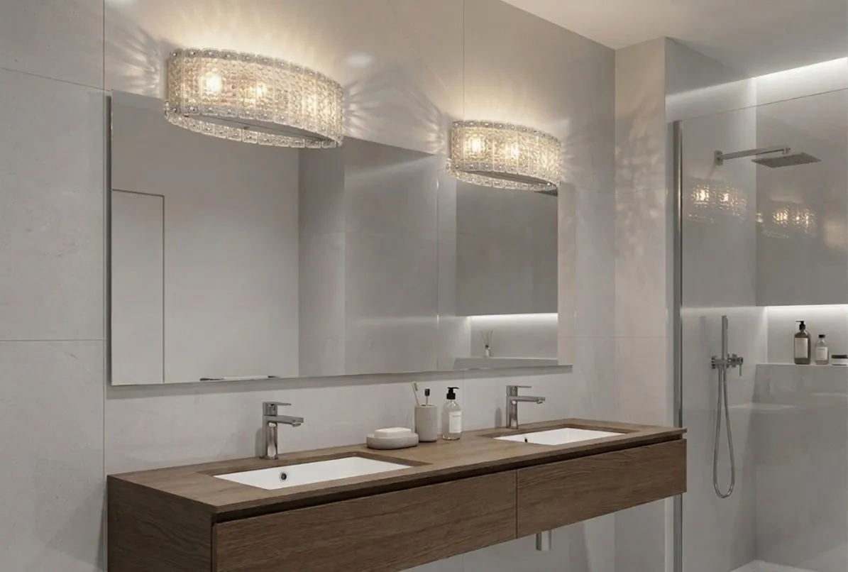 Cuatro apliques antiguos iluminando un baño moderno con espejos