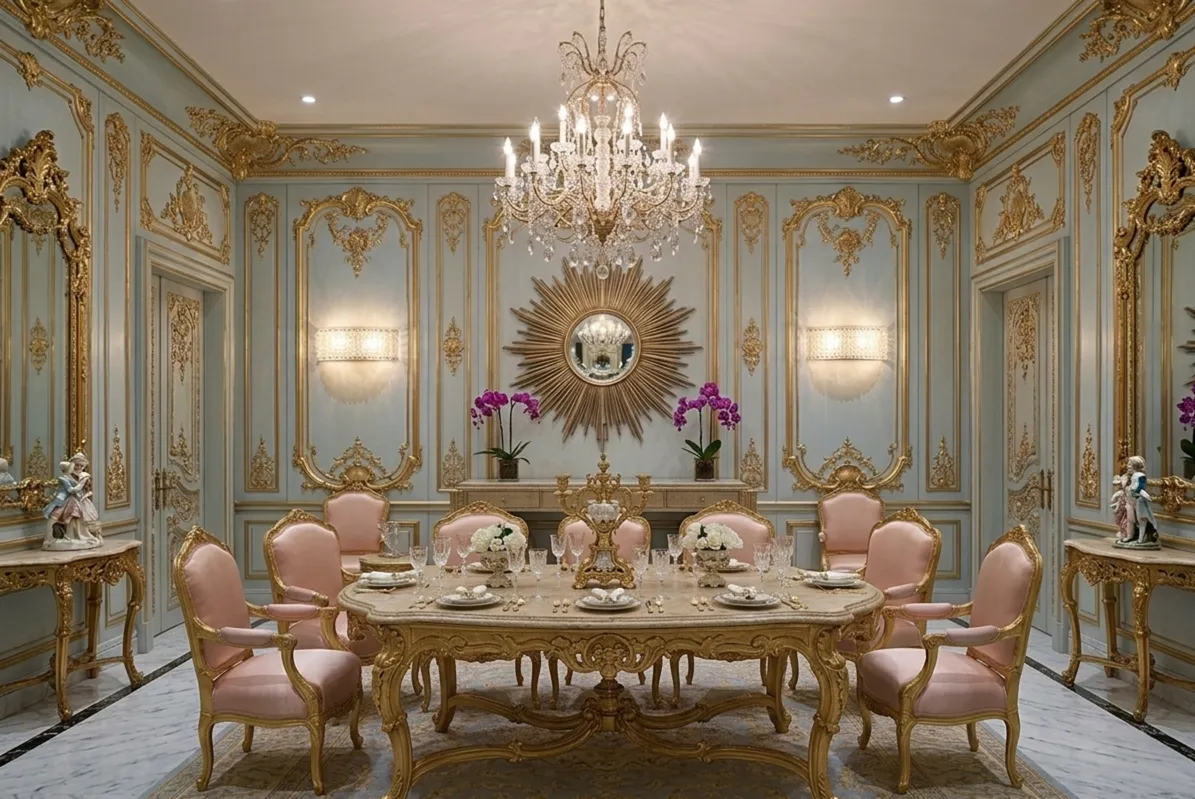 Vier antike Wandleuchten in einem elegant dekorierten Esszimmer