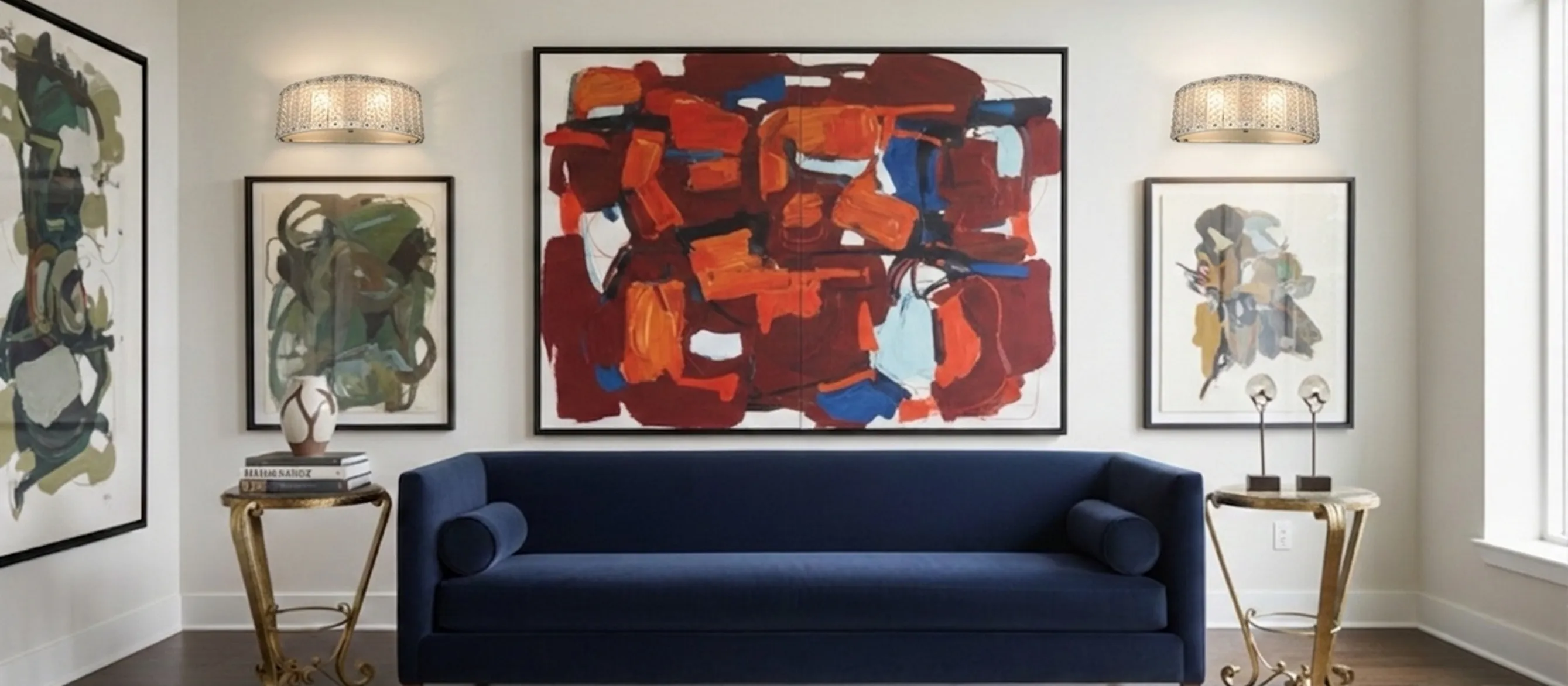 Quatre appliques murales antiques des années 50 dans un cadre moderne.