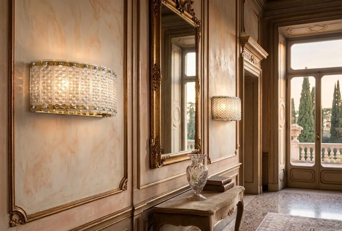 Cuatro apliques antiguos decorando una pared elegante con espejo y planta al fondo