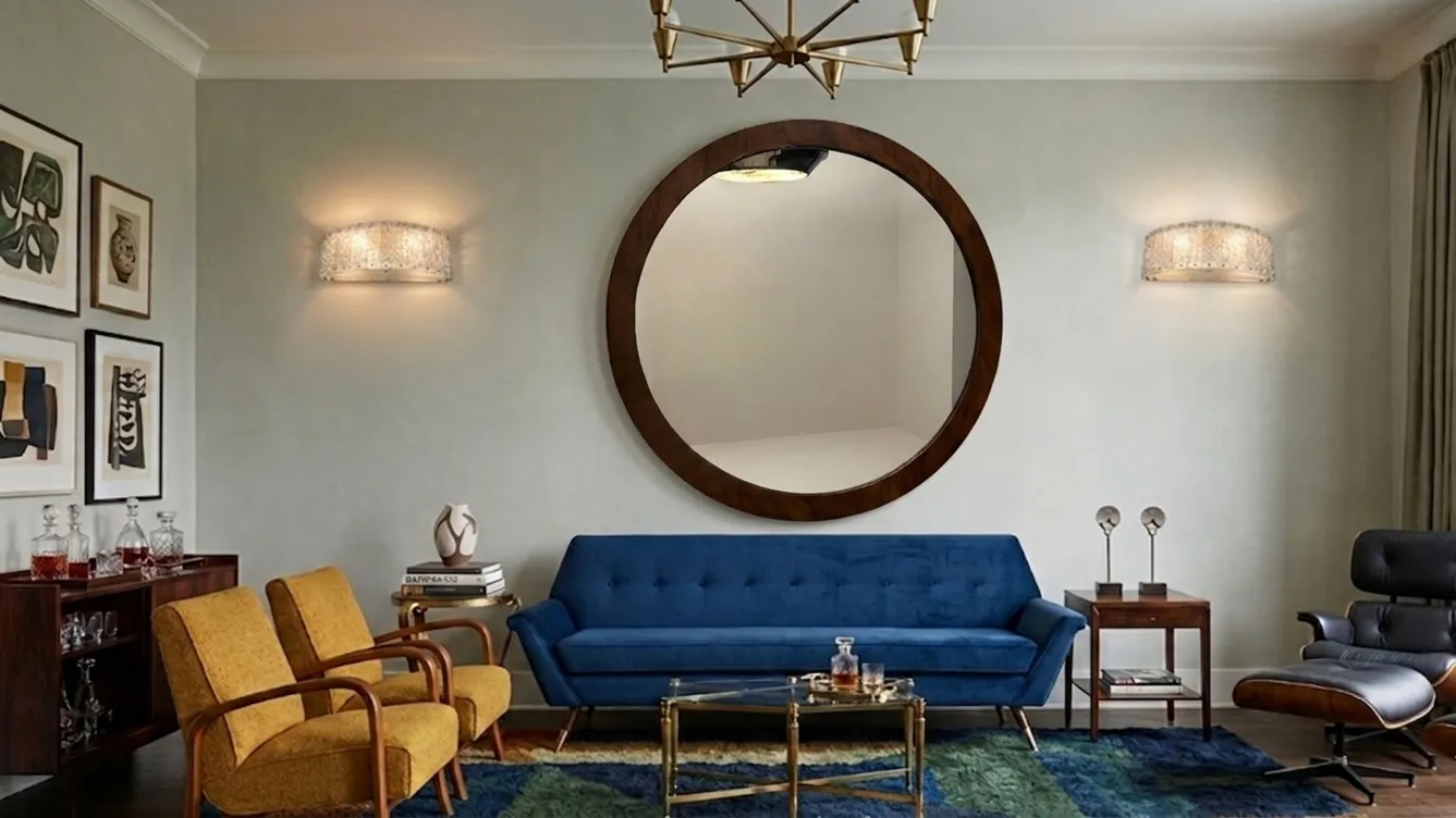 古老的圆形镜子在优雅的现代房间中