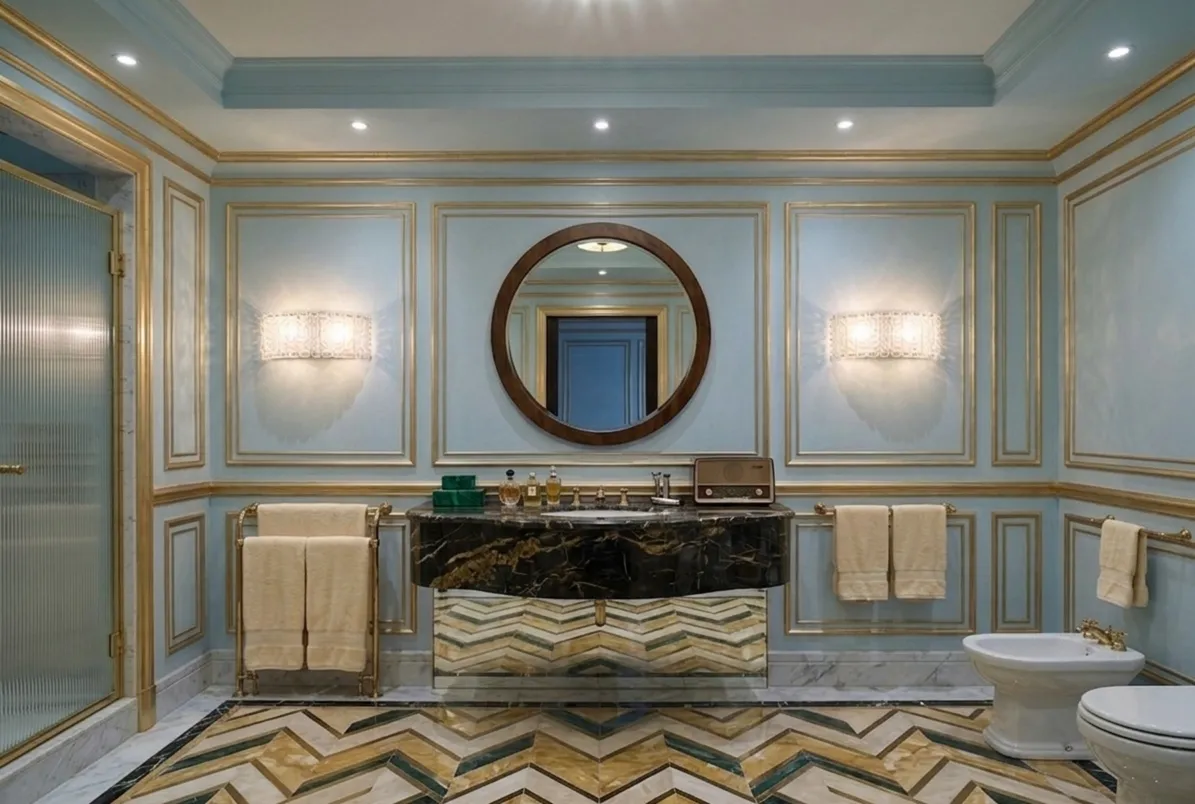 specchio antico in bagno con luce e decorazioni