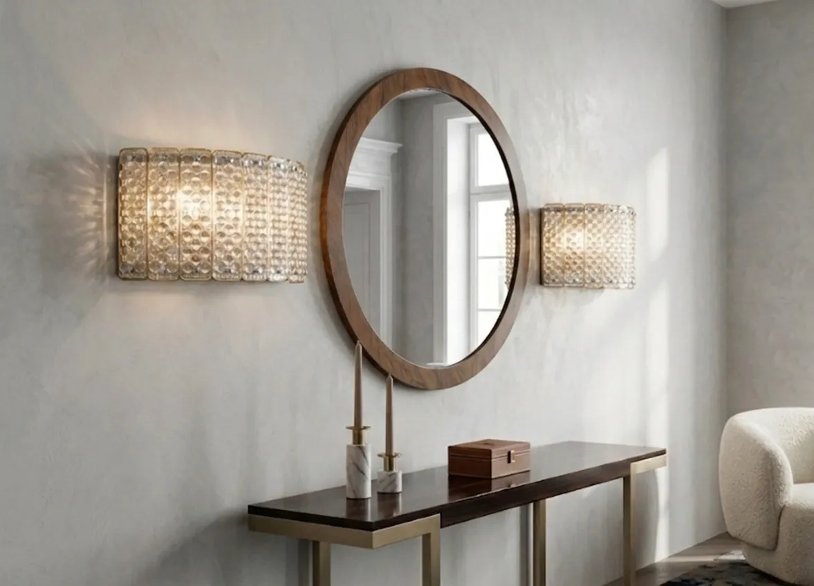 antique round mirror with wall lights