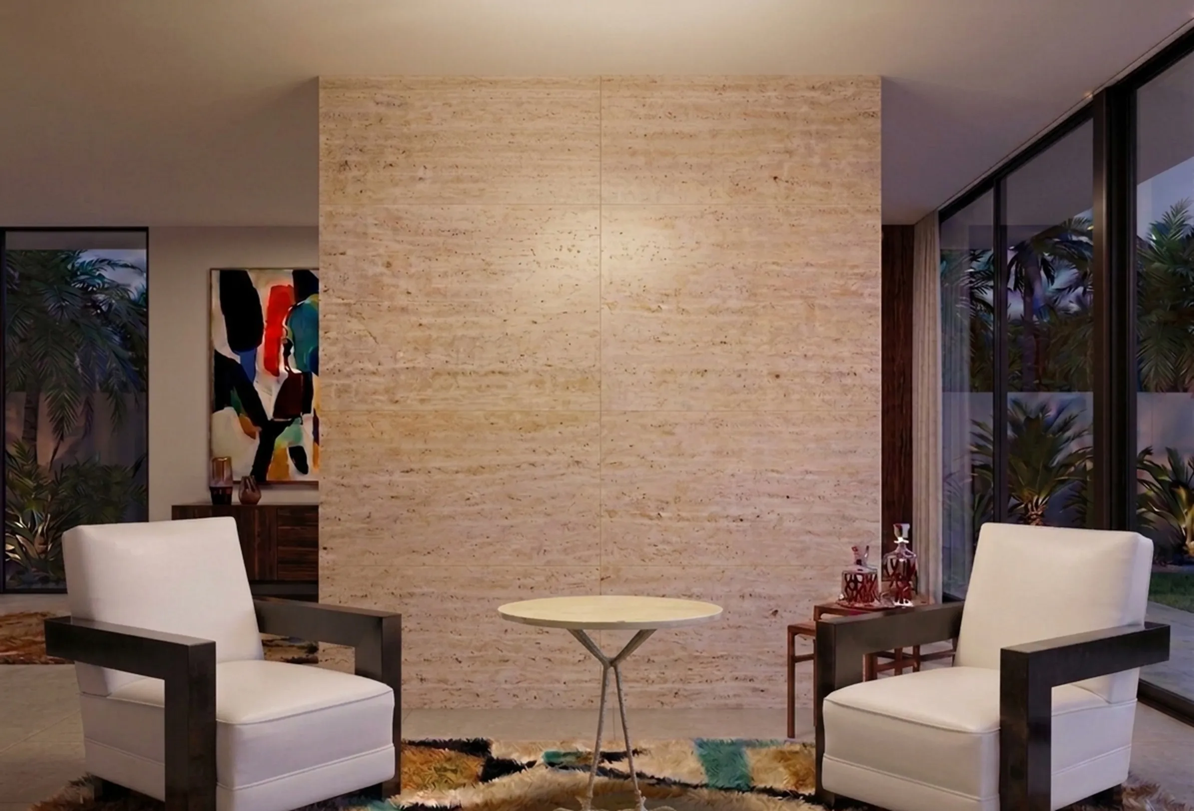 tableau antique rond dans un salon moderne avec des fauteuils